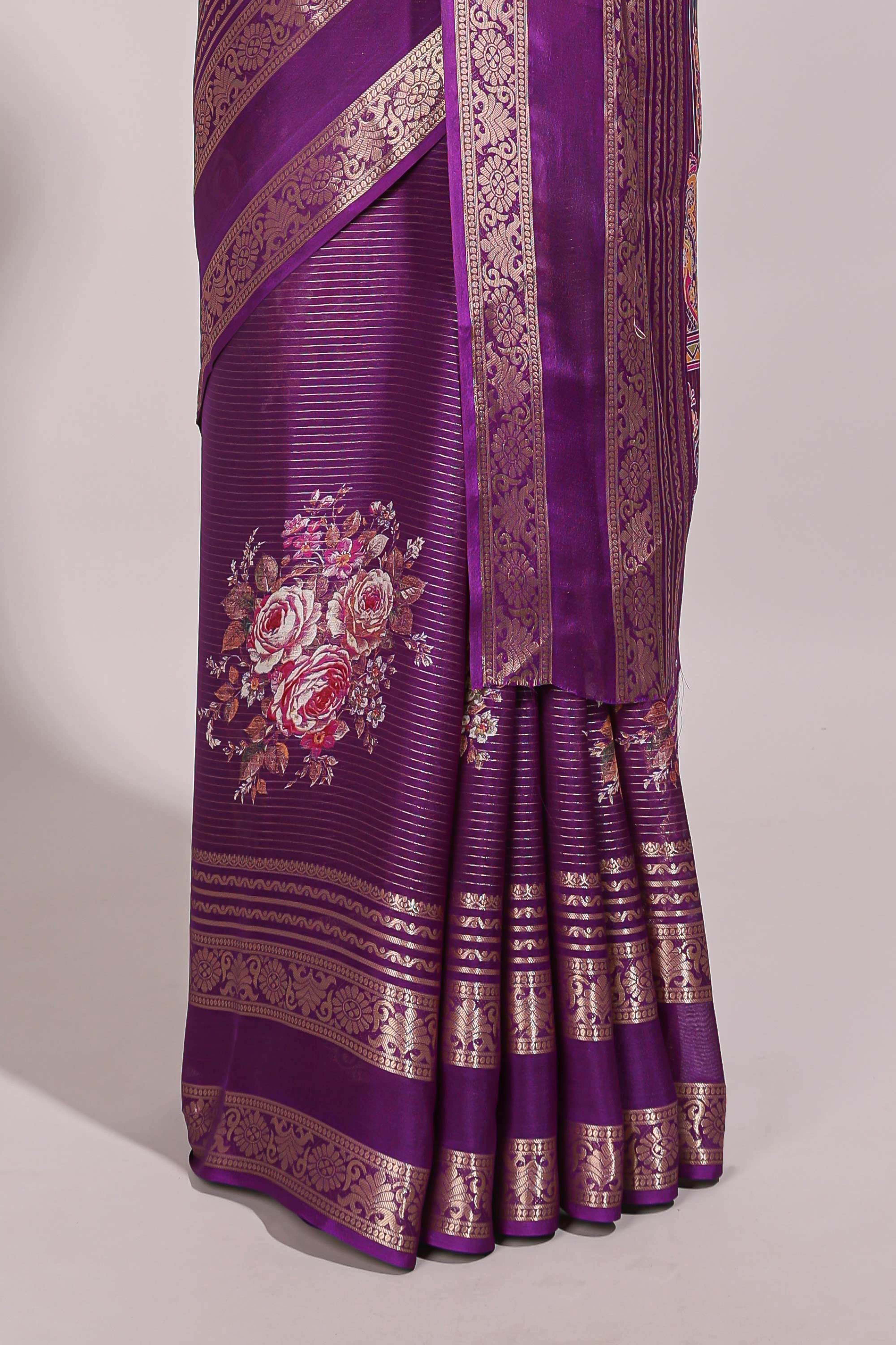 Purple striped floral design marsh mellow saree with self zari border and matching printed blouse