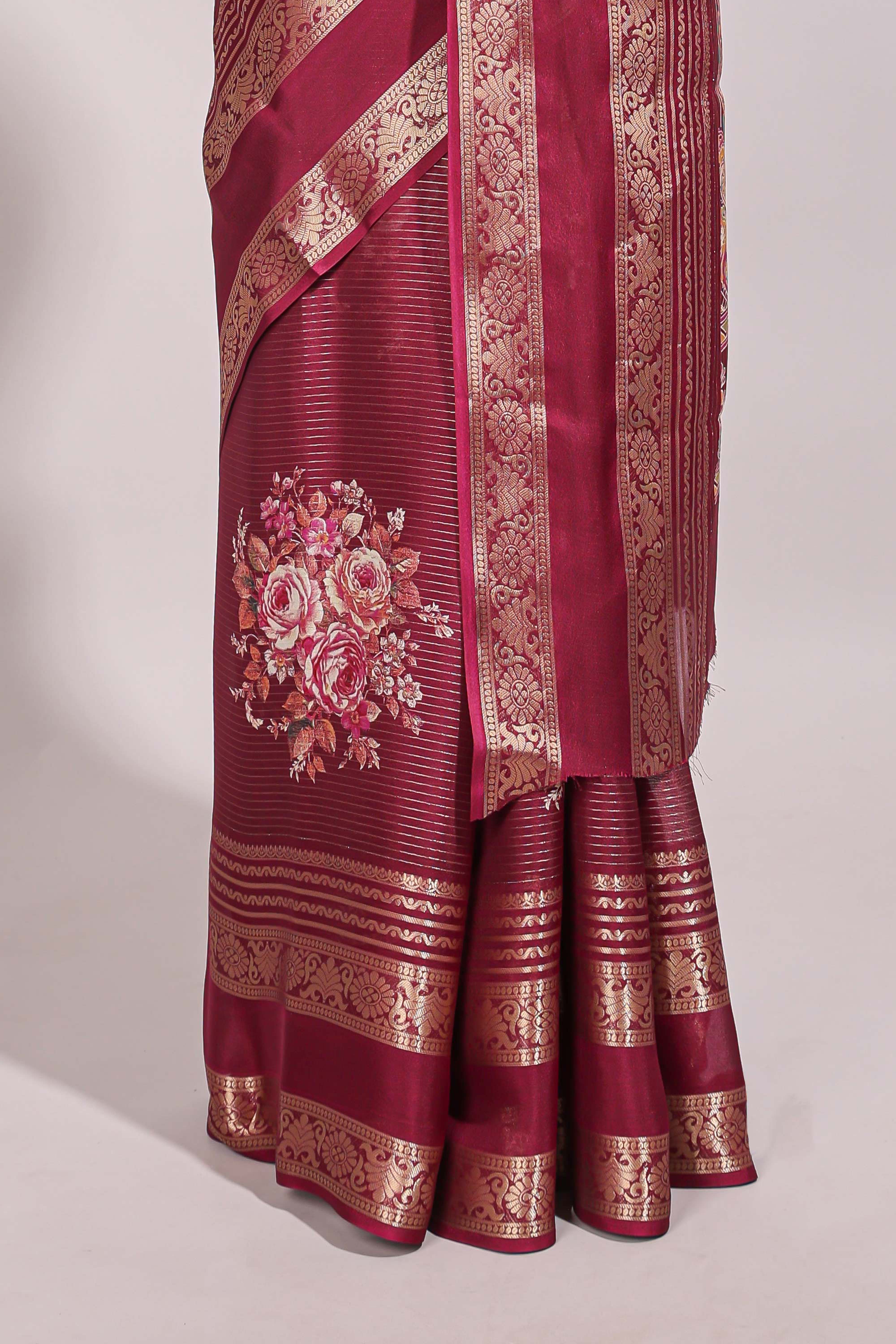 Maroon striped floral design marsh mellow saree with self zari border and matching printed blouse