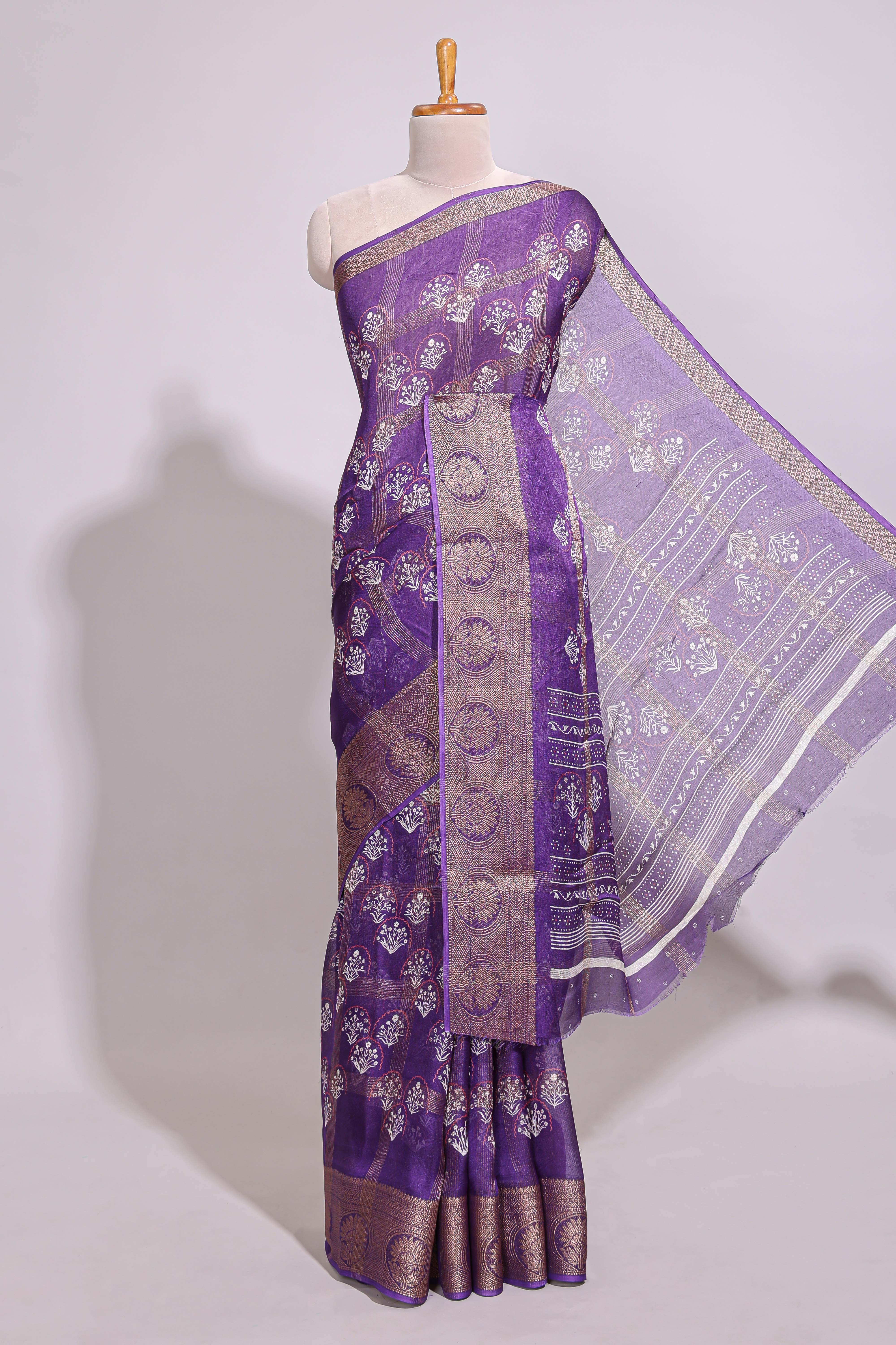 Purple checked floral design marsh mellow saree with self zari border and matching blouse