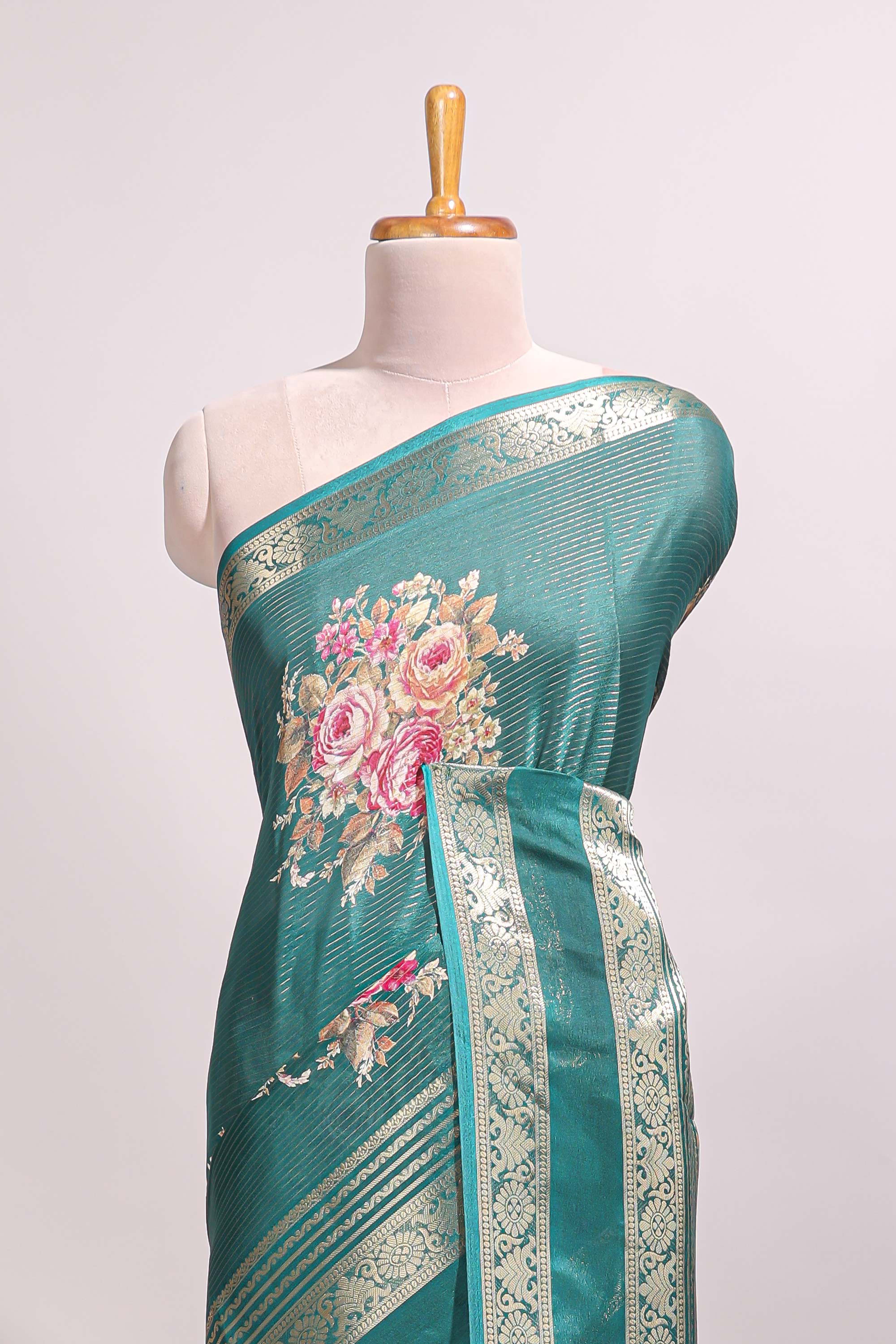 Green striped floral design marsh mellow saree with self zari border and matching printed blouse