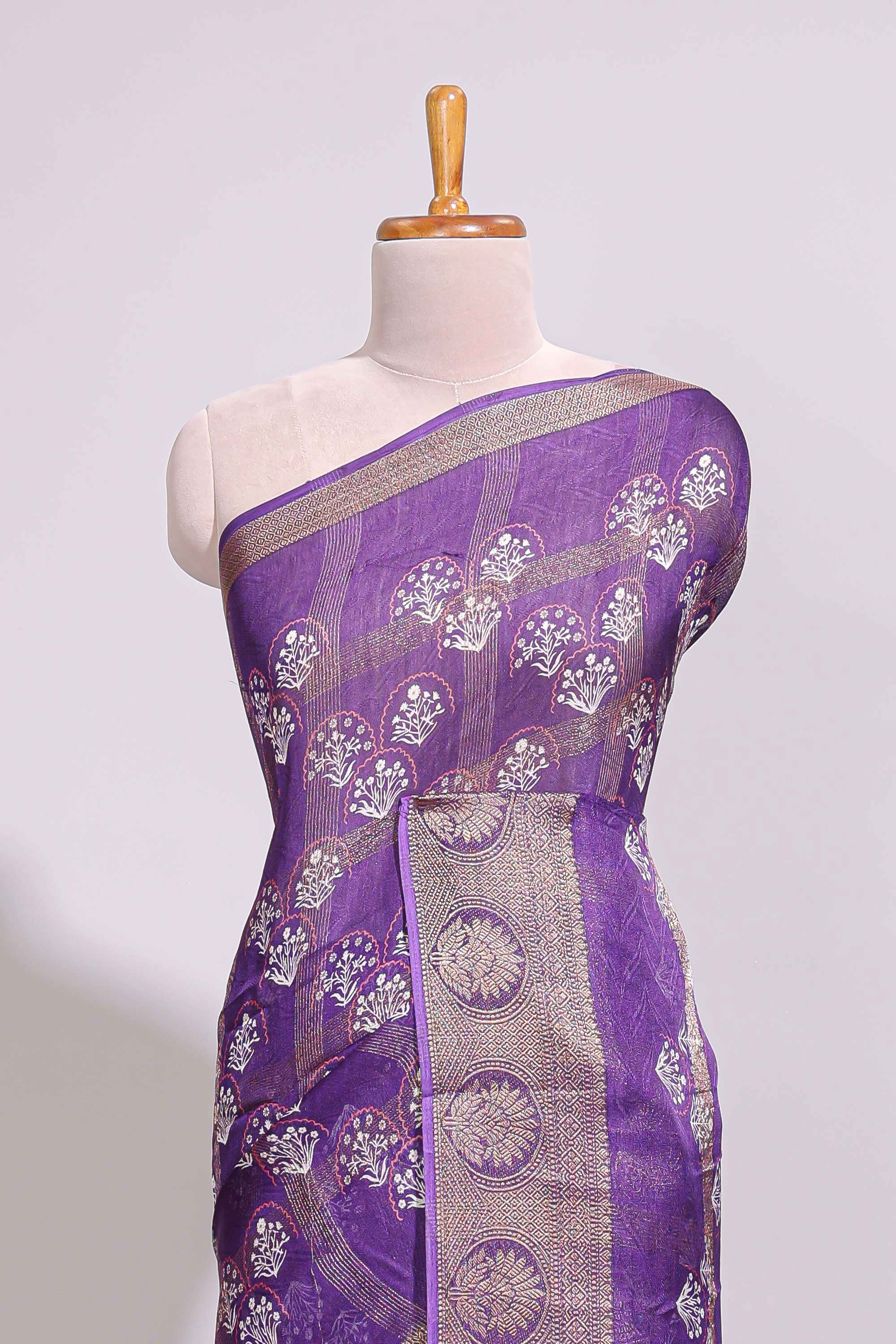 Purple checked floral design marsh mellow saree with self zari border and matching blouse