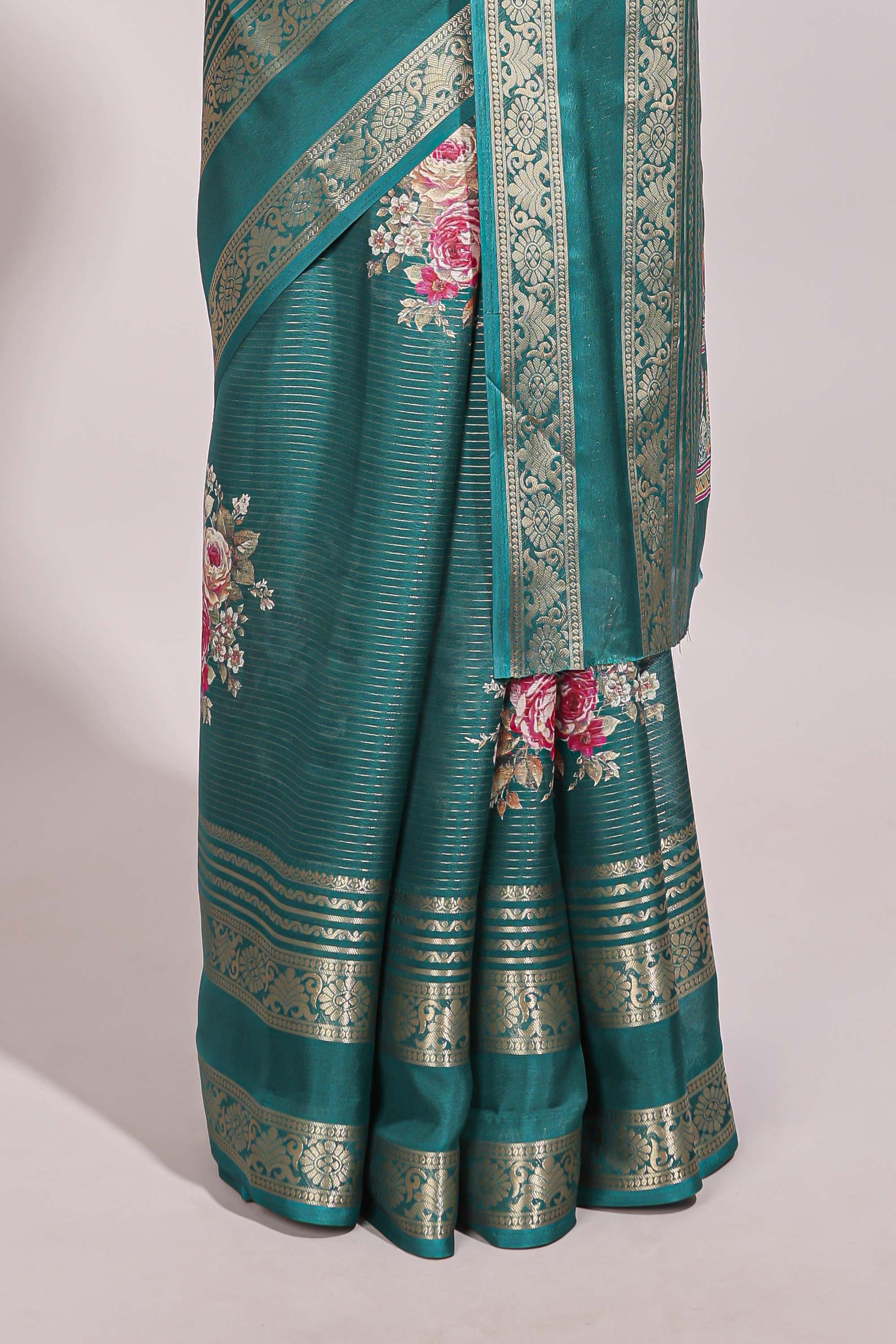 Green striped floral design marsh mellow saree with self zari border and matching printed blouse