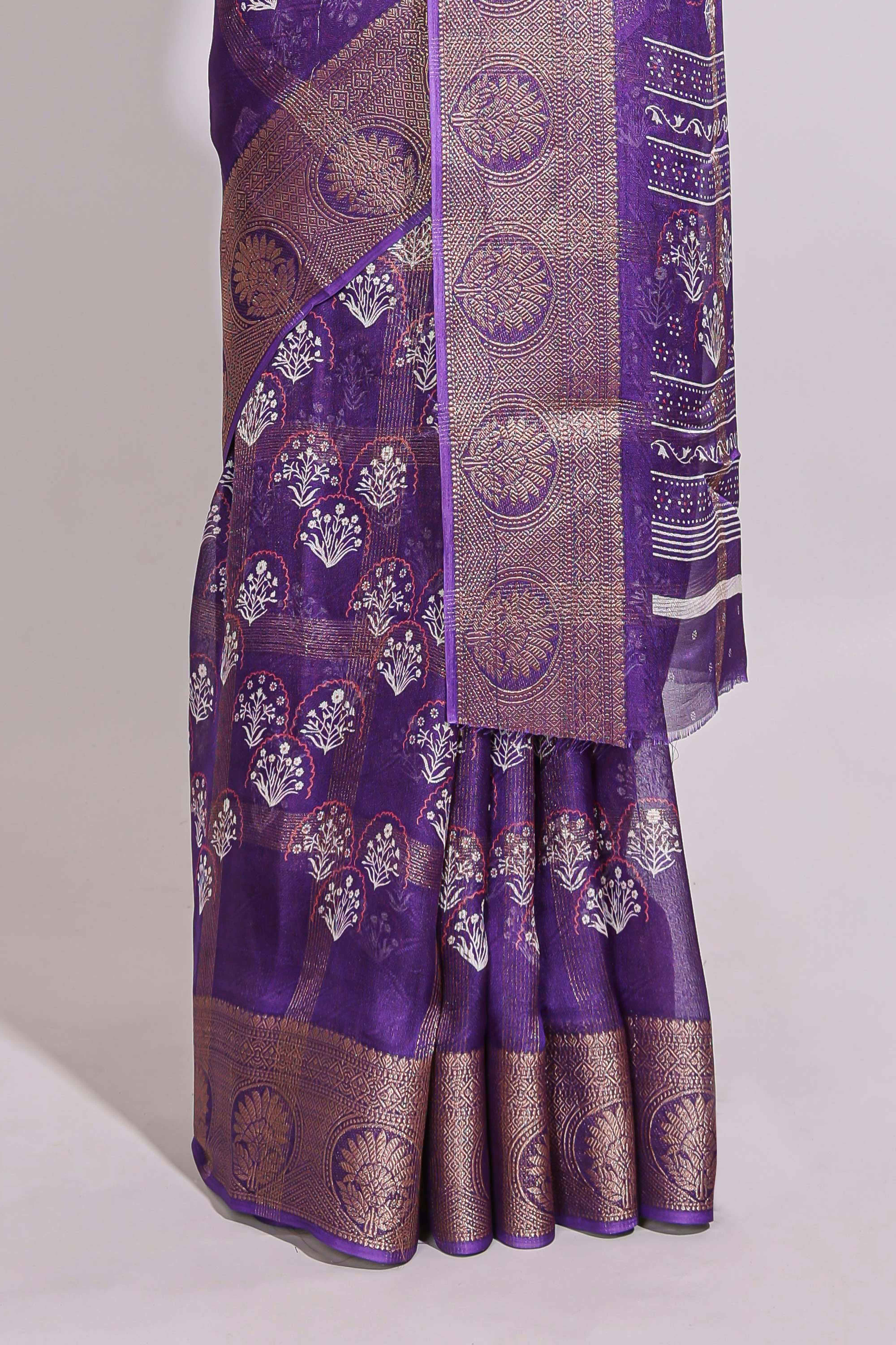 Purple checked floral design marsh mellow saree with self zari border and matching blouse