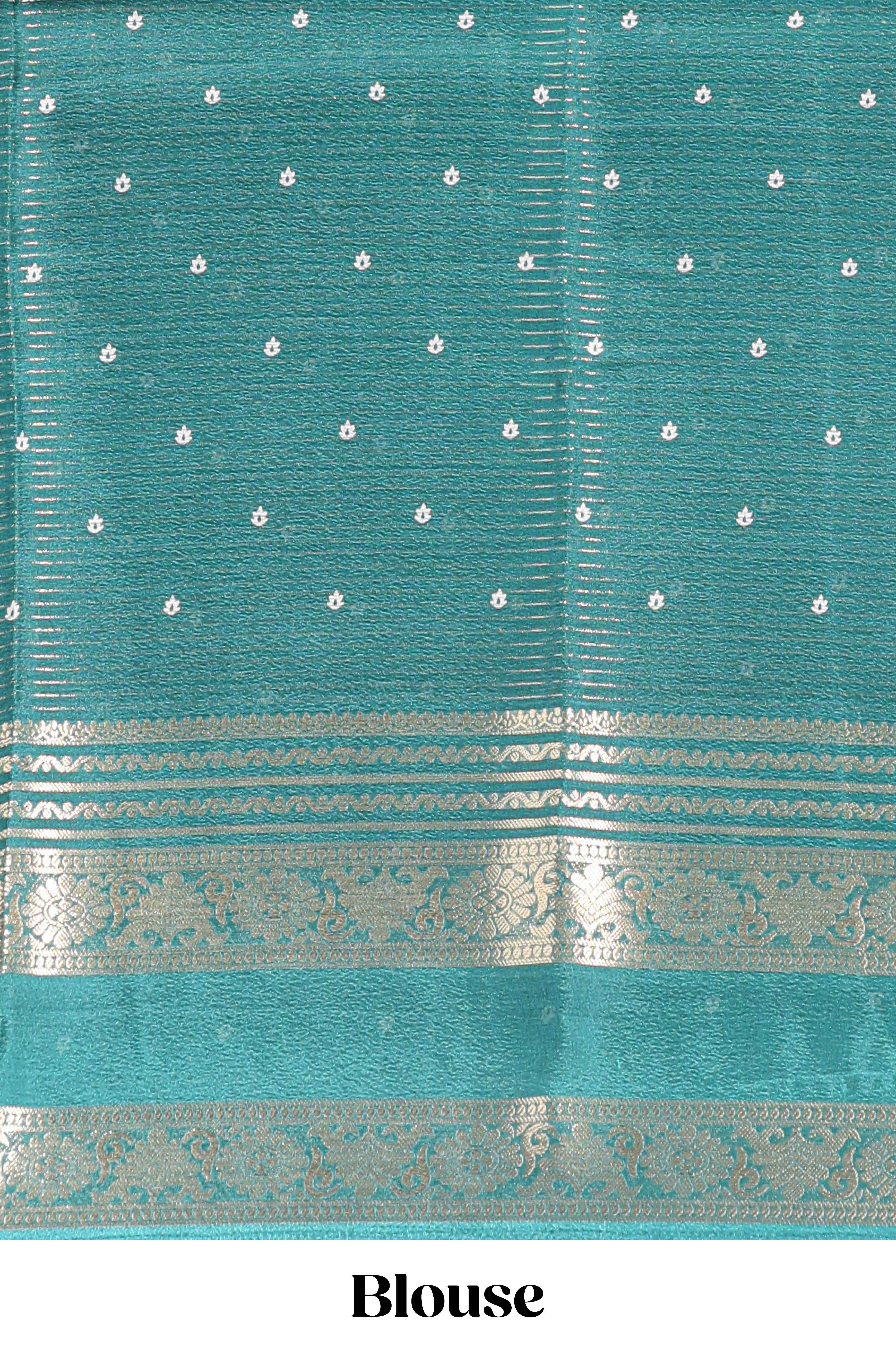 Green striped floral design marsh mellow saree with self zari border and matching printed blouse