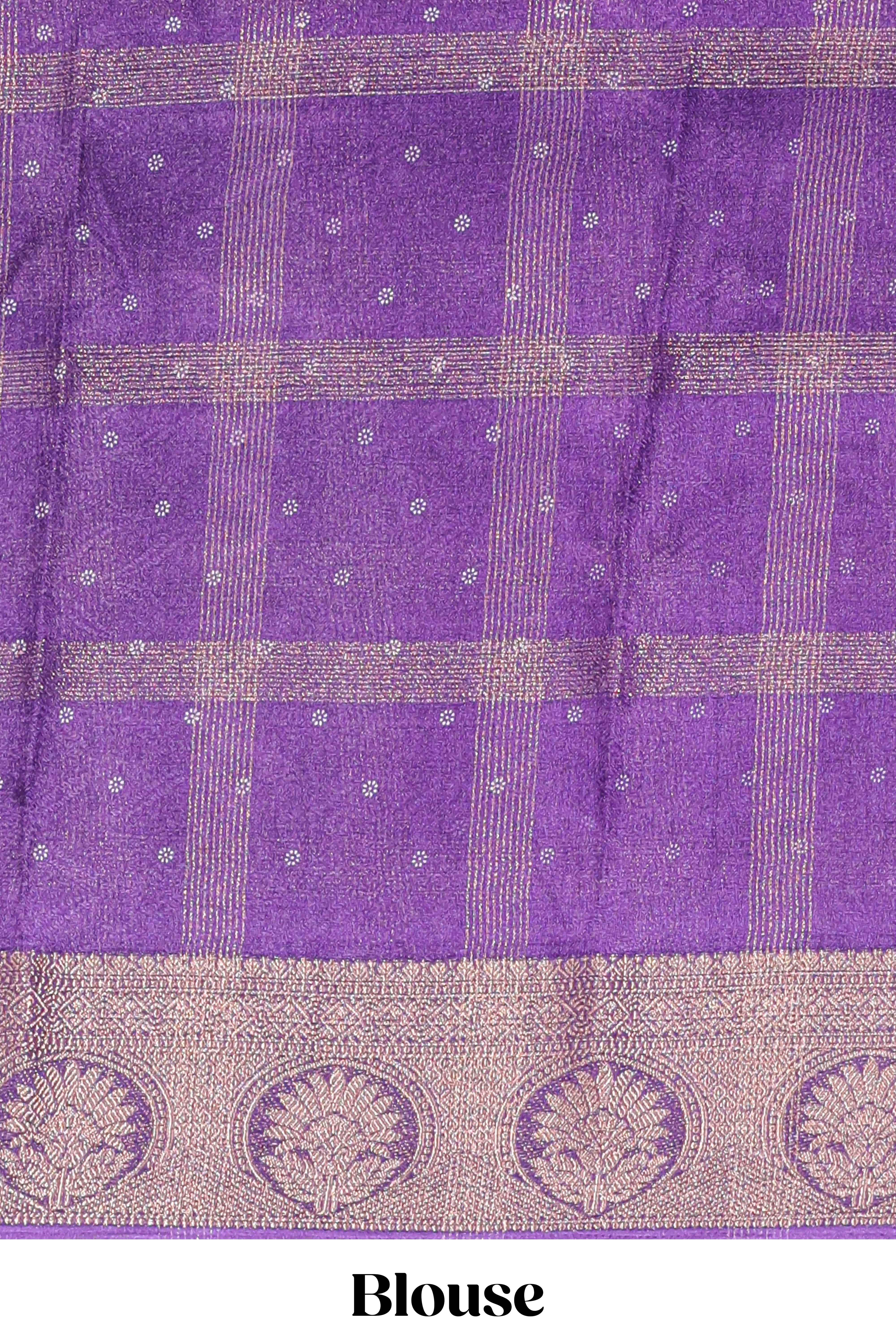 Purple checked floral design marsh mellow saree with self zari border and matching blouse