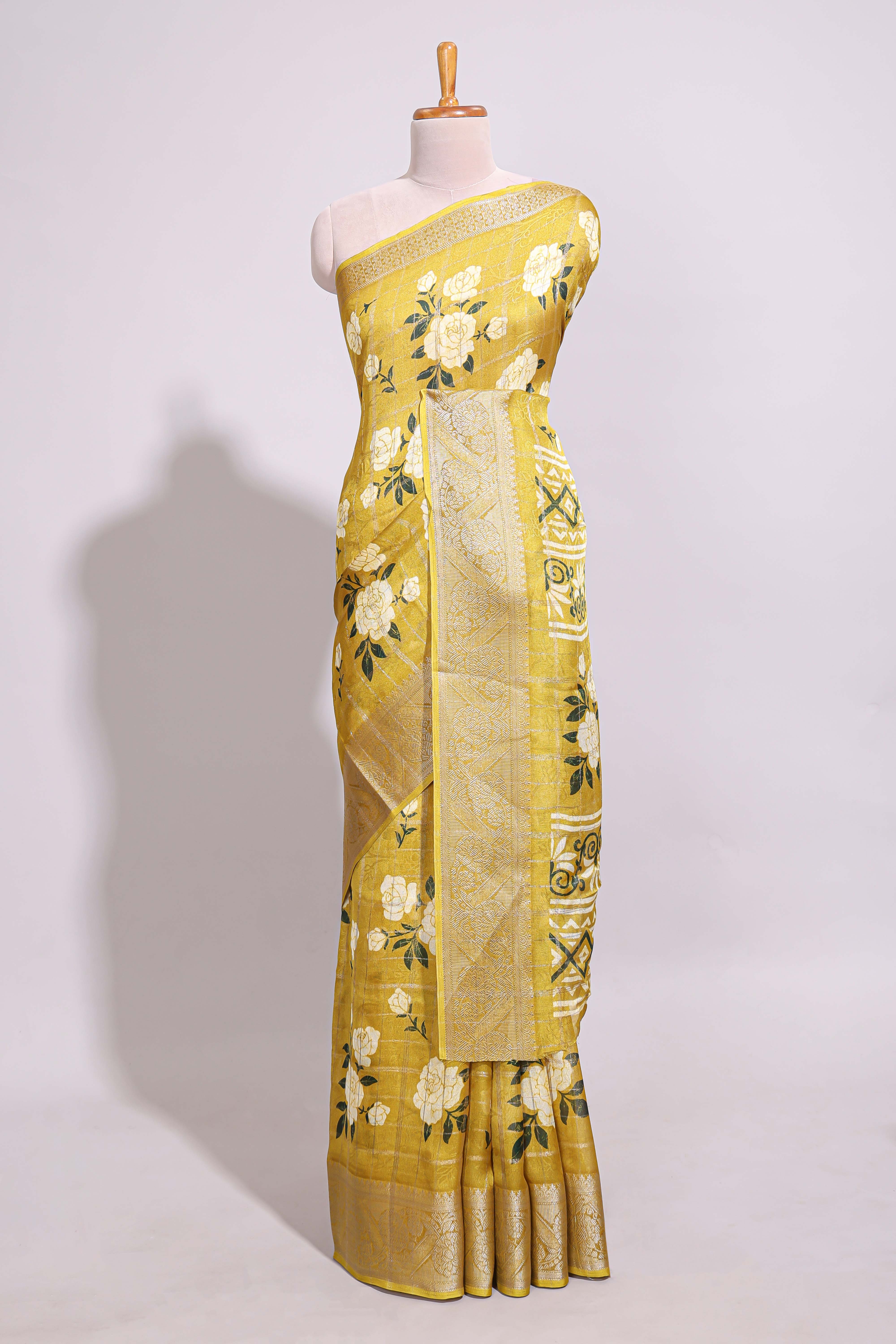 Yellow checked floral design marsh mellow saree with self zari border and matching blouse