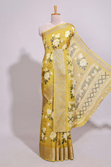 Yellow checked floral design marsh mellow saree with self zari border and matching blouse