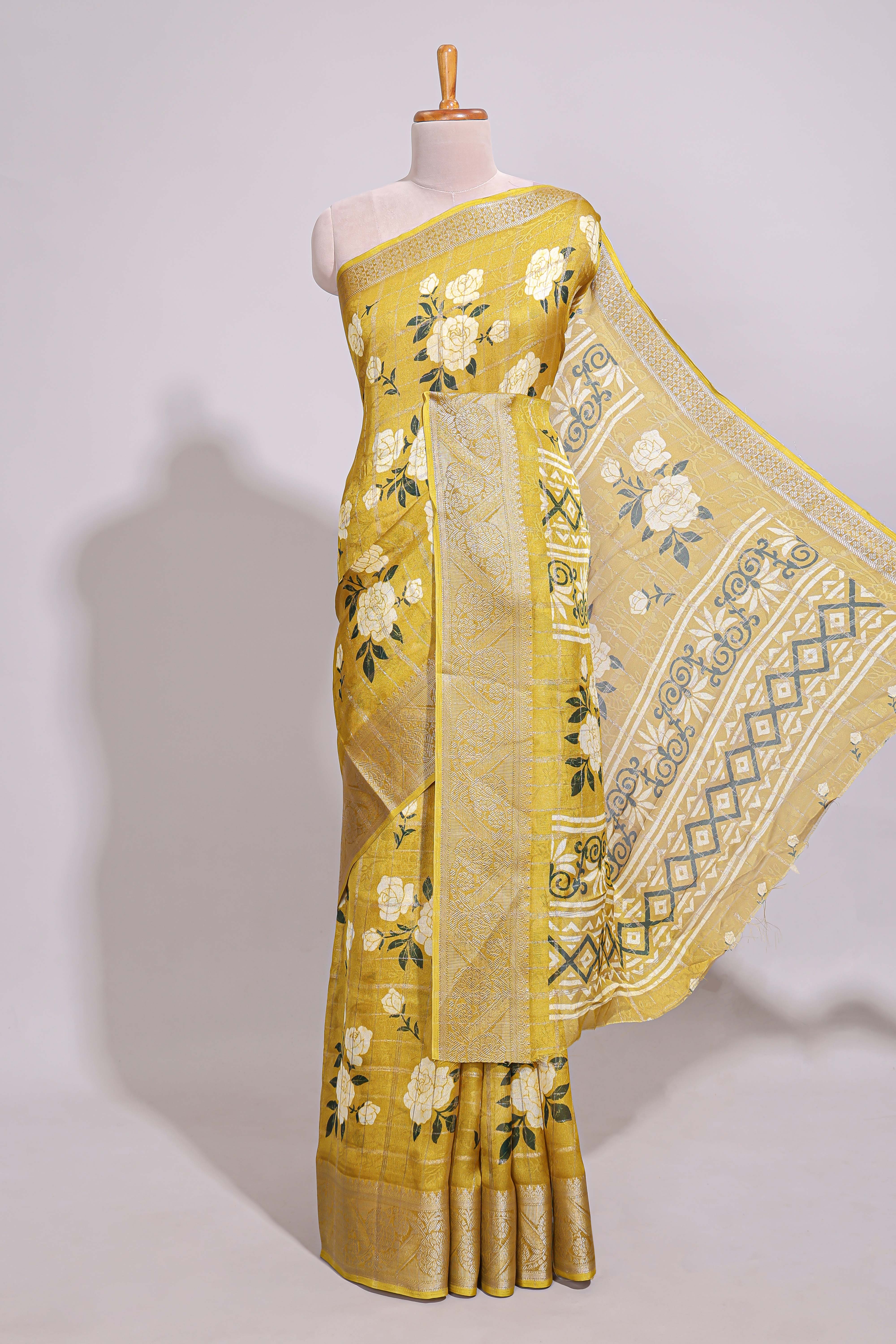 Yellow checked floral design marsh mellow saree with self zari border and matching blouse