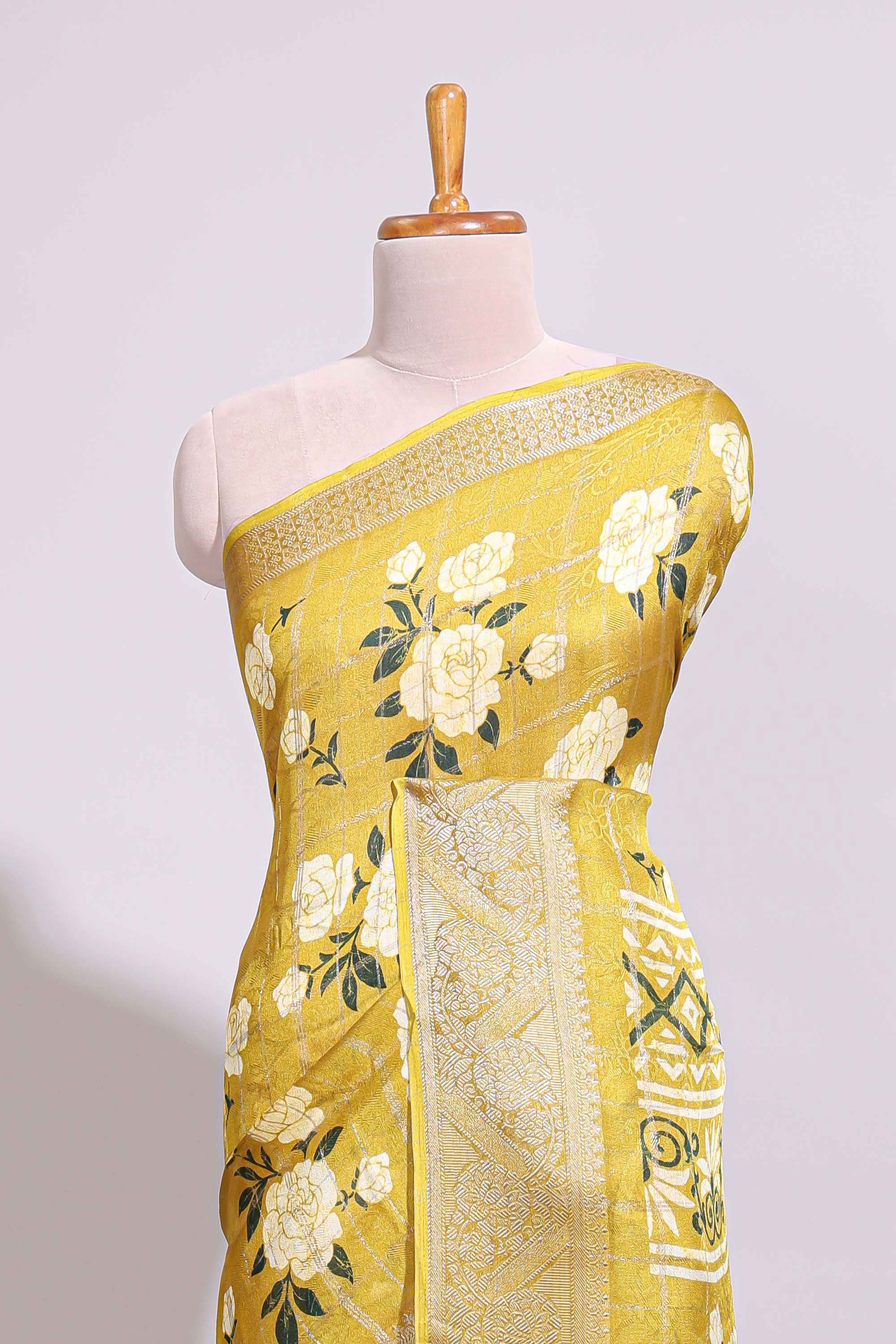 Yellow checked floral design marsh mellow saree with self zari border and matching blouse