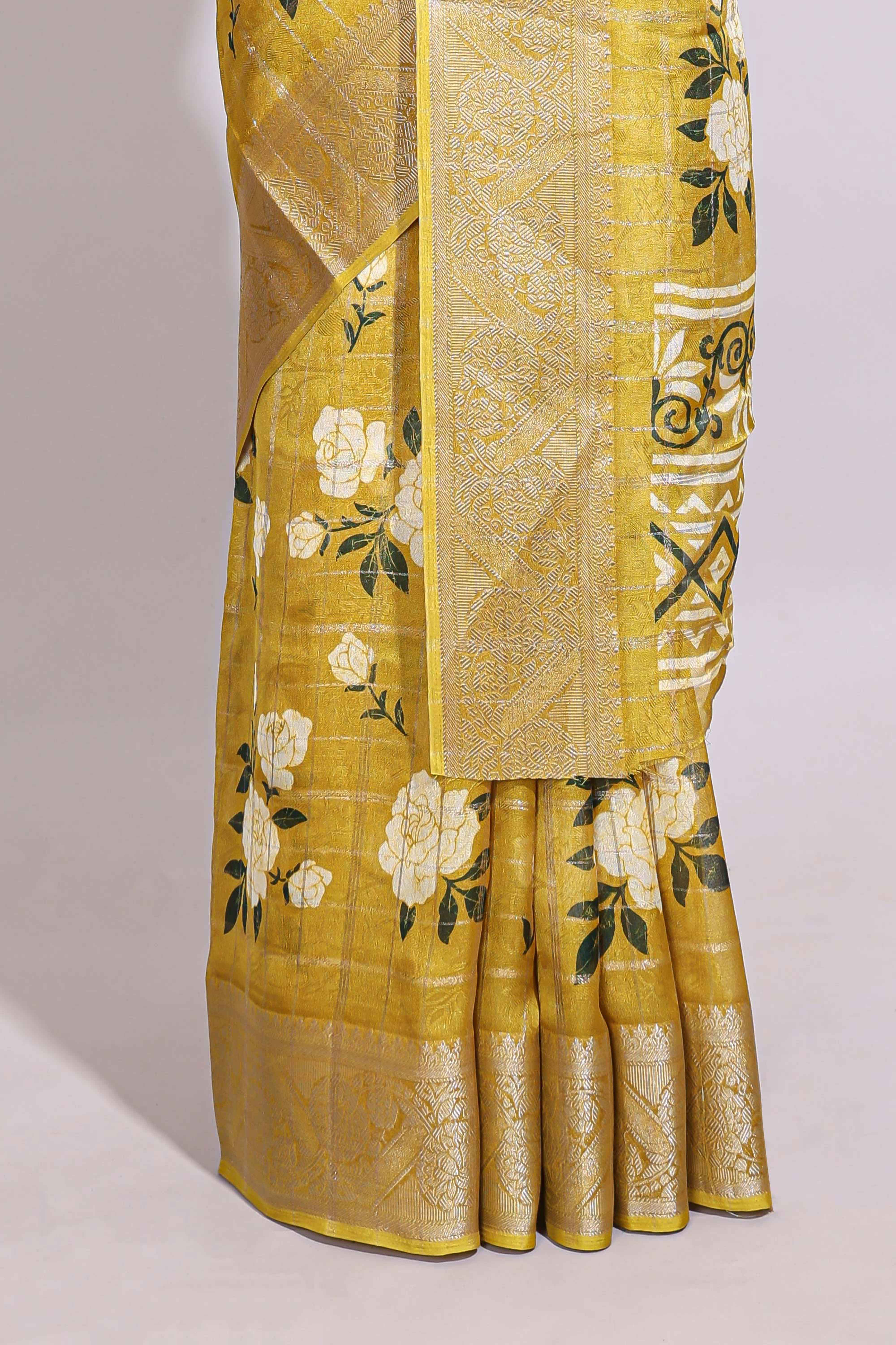 Yellow checked floral design marsh mellow saree with self zari border and matching blouse