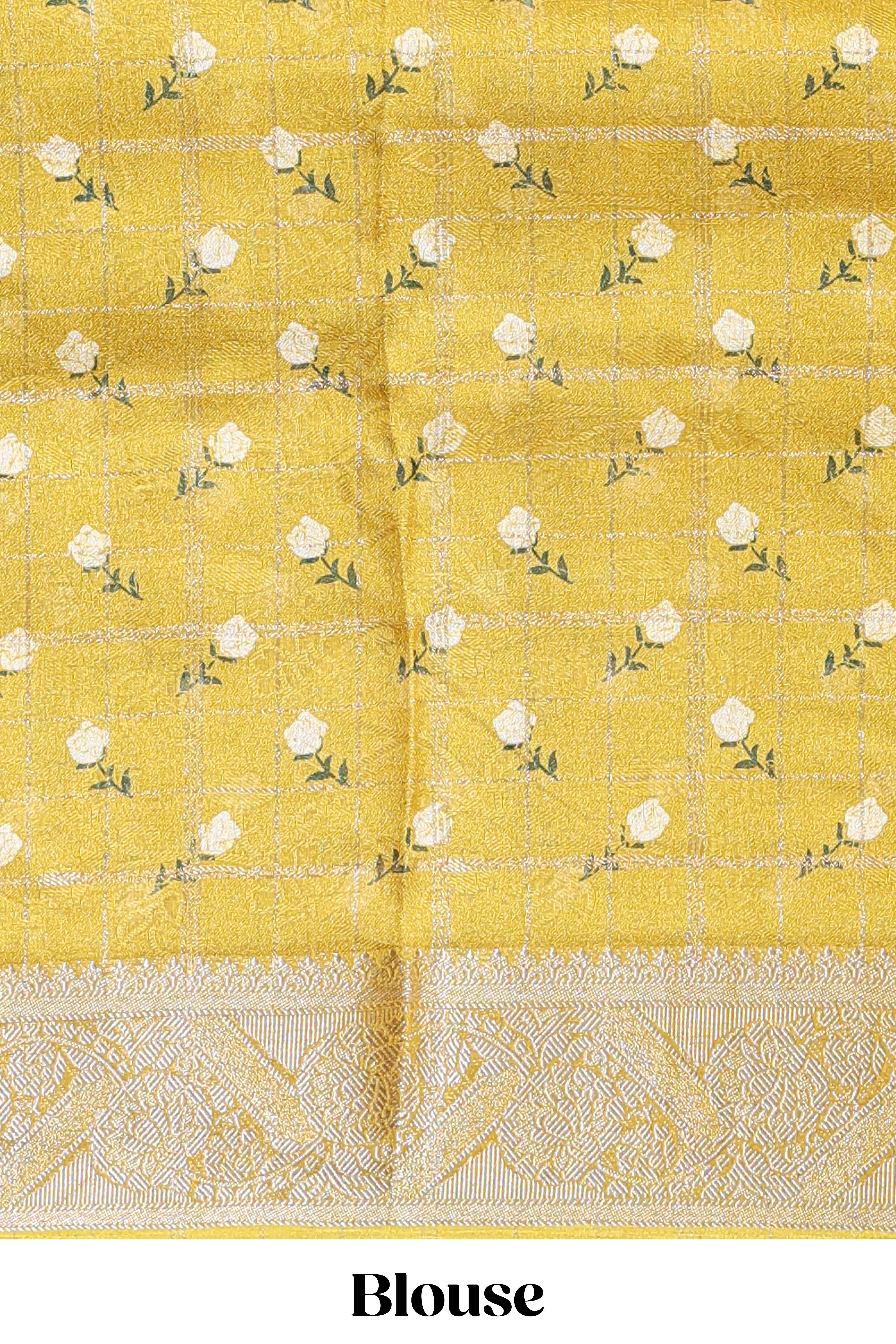 Yellow checked floral design marsh mellow saree with self zari border and matching blouse