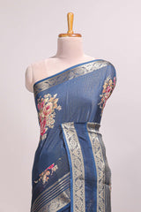 Blue striped floral design marsh mellow saree with self zari border and matching printed blouse