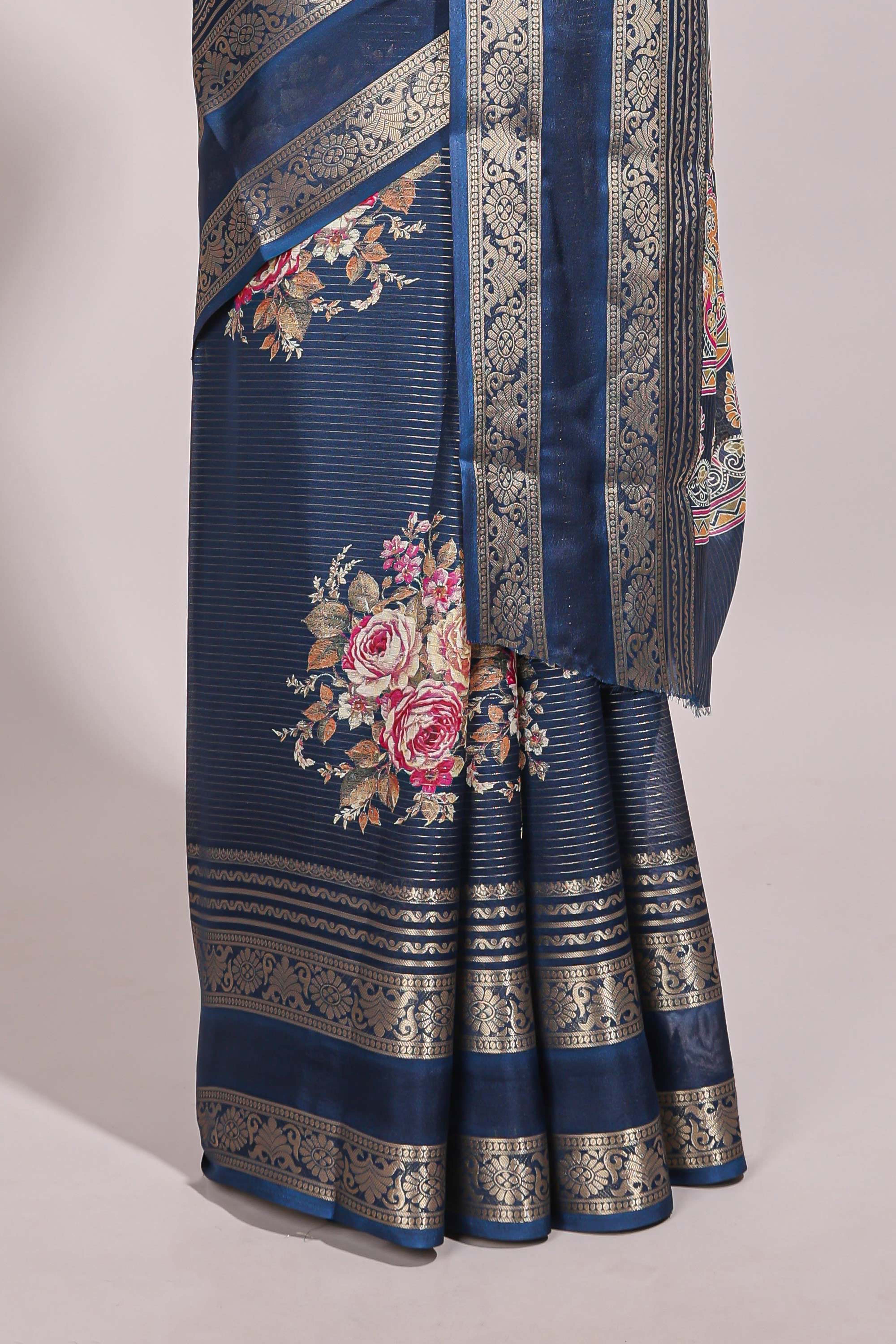 Blue striped floral design marsh mellow saree with self zari border and matching printed blouse