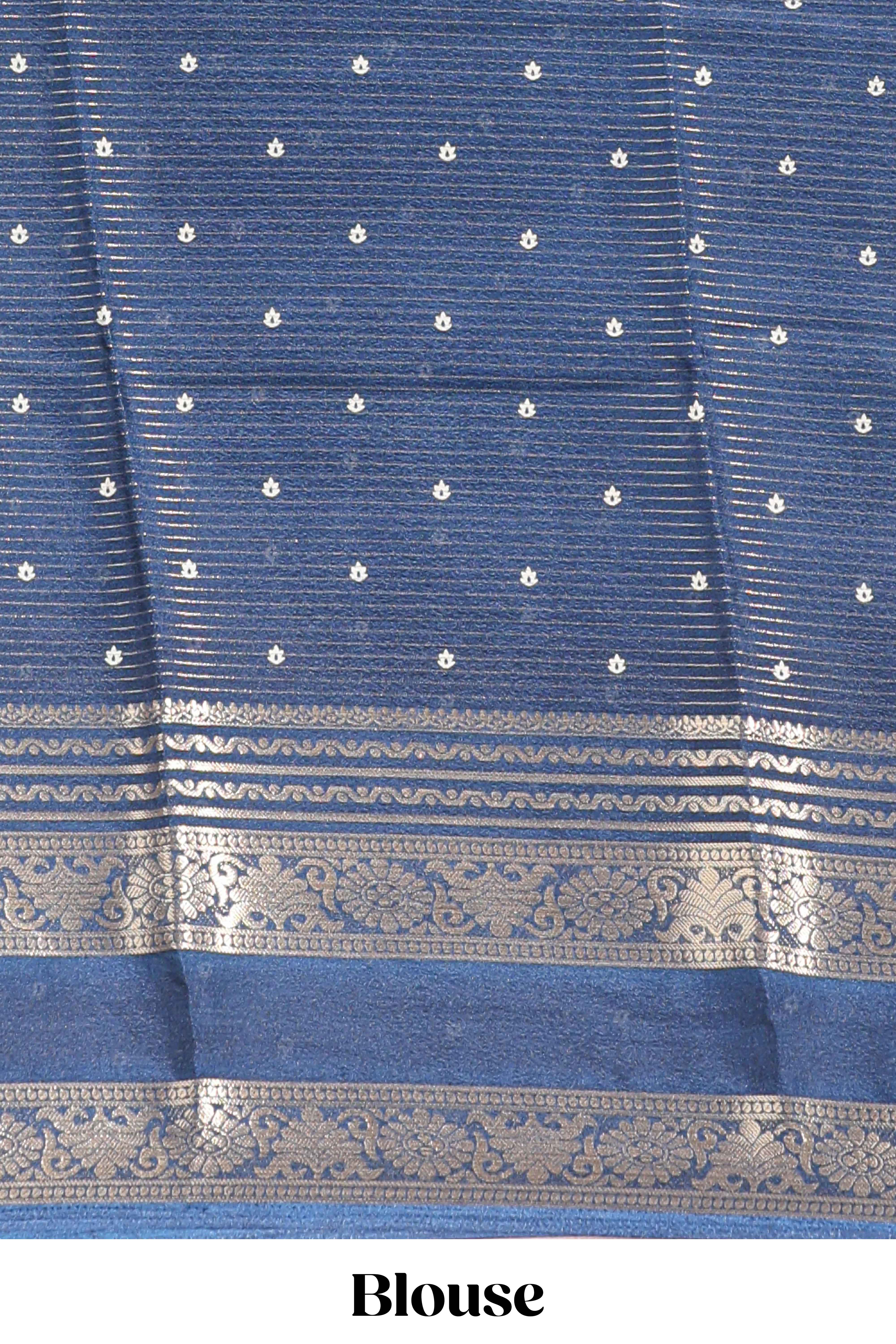 Blue striped floral design marsh mellow saree with self zari border and matching printed blouse