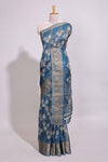 Blue checked floral design marsh mellow saree with self zari border and matching blouse