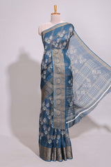 Blue checked floral design marsh mellow saree with self zari border and matching blouse