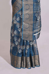 Blue checked floral design marsh mellow saree with self zari border and matching blouse