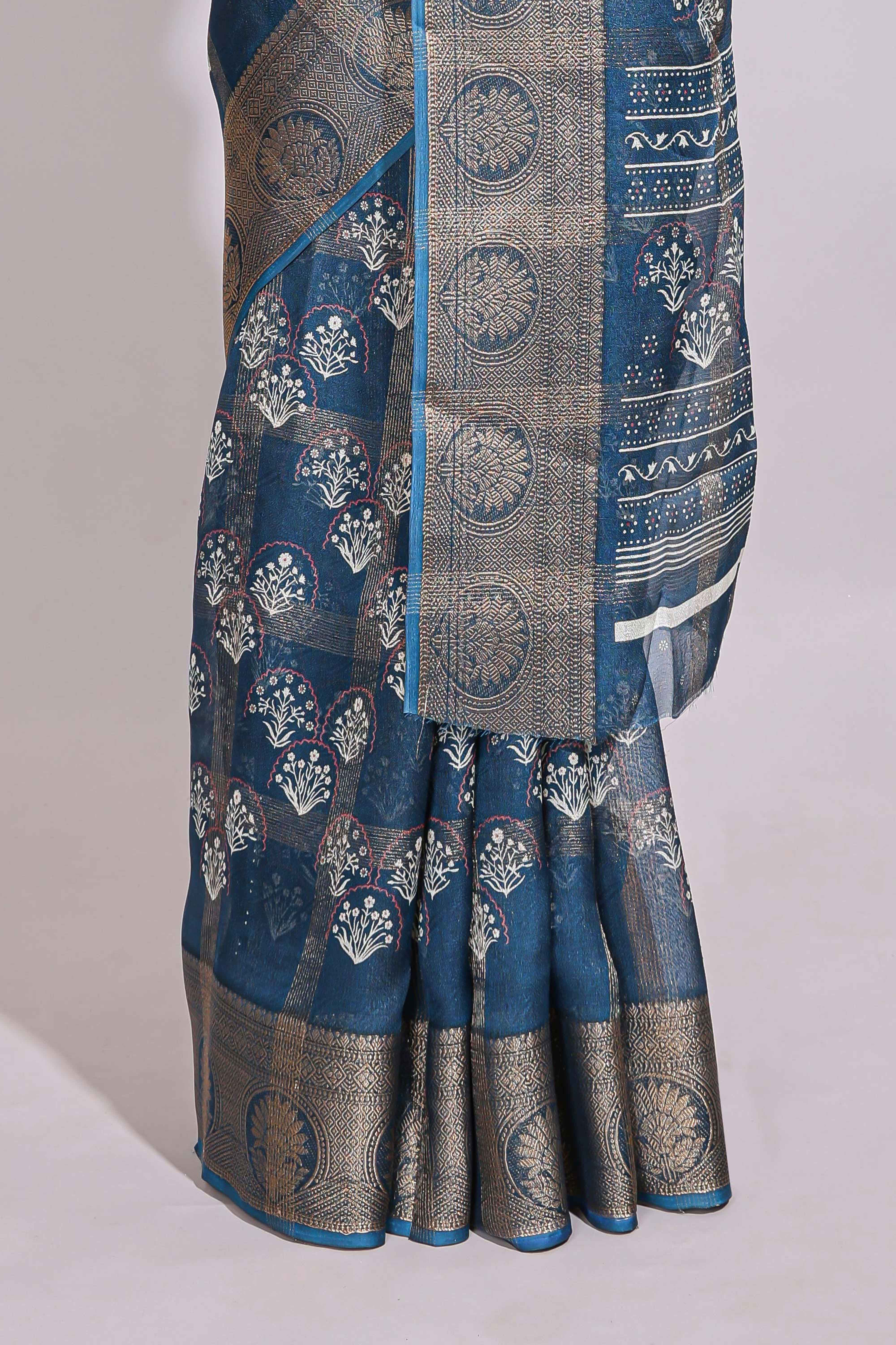 Blue checked floral design marsh mellow saree with self zari border and matching blouse
