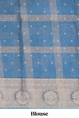 Blue checked floral design marsh mellow saree with self zari border and matching blouse