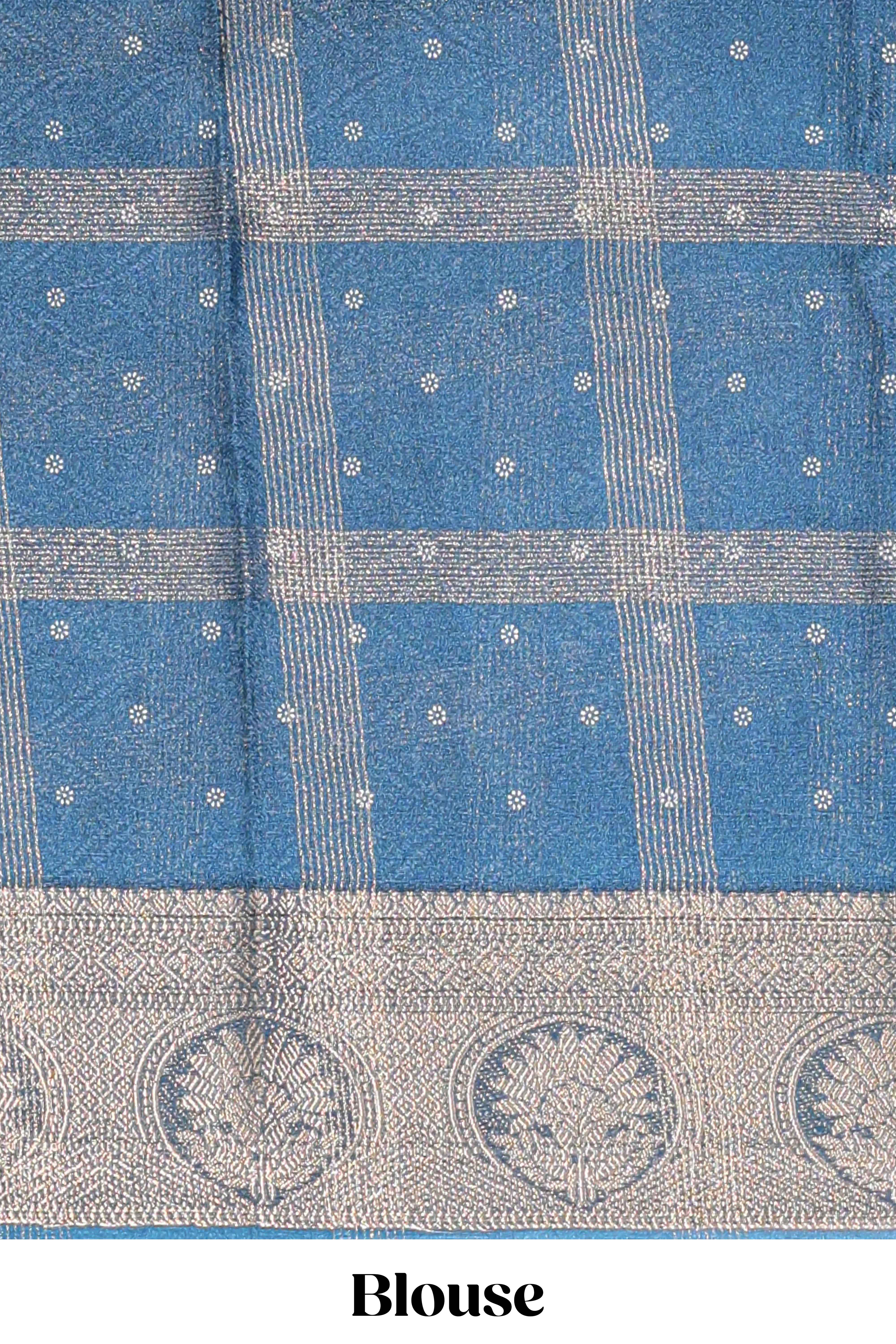 Blue checked floral design marsh mellow saree with self zari border and matching blouse