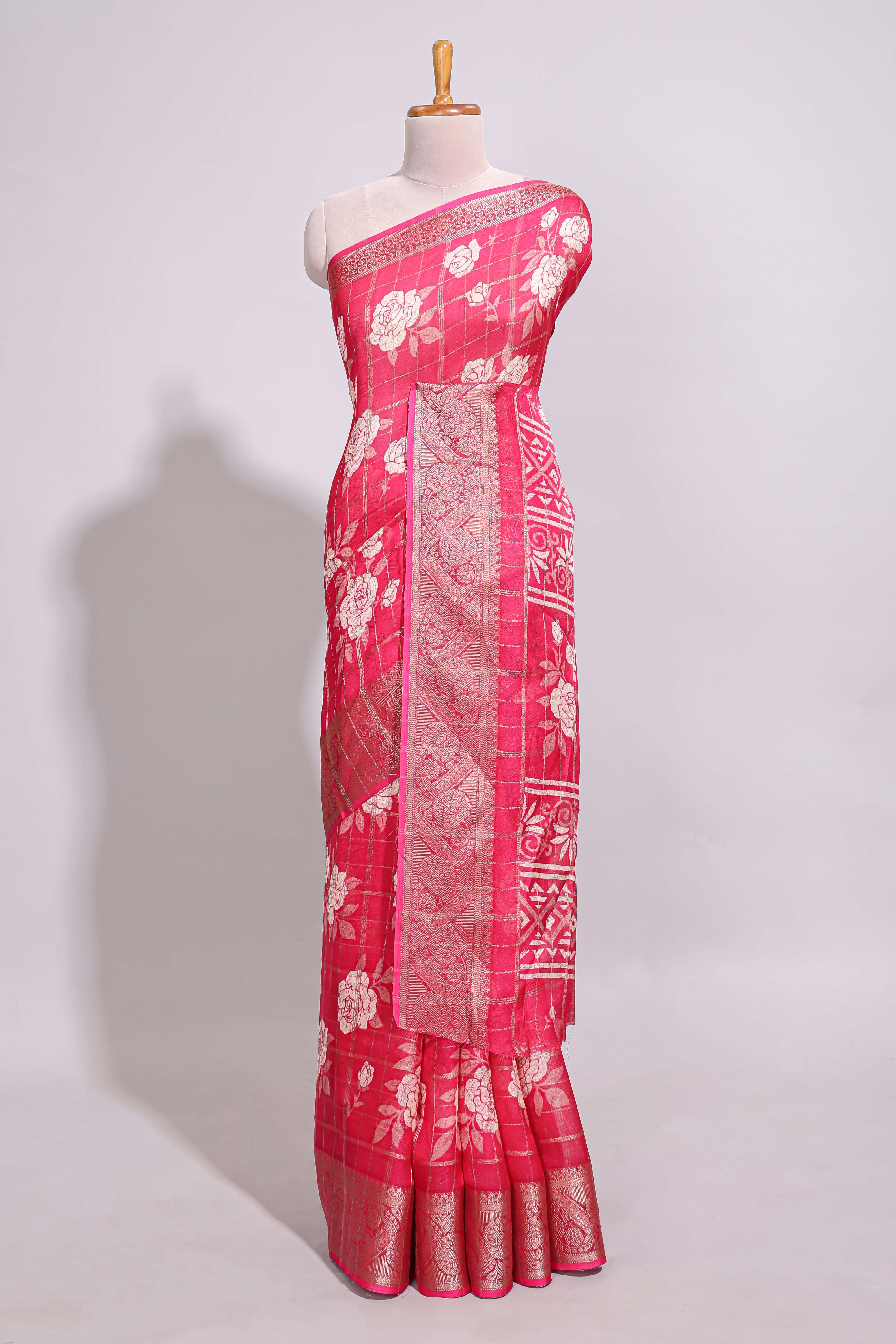 Pink checked floral design marsh mellow saree with self zari border and matching blouse