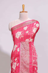 Pink checked floral design marsh mellow saree with self zari border and matching blouse