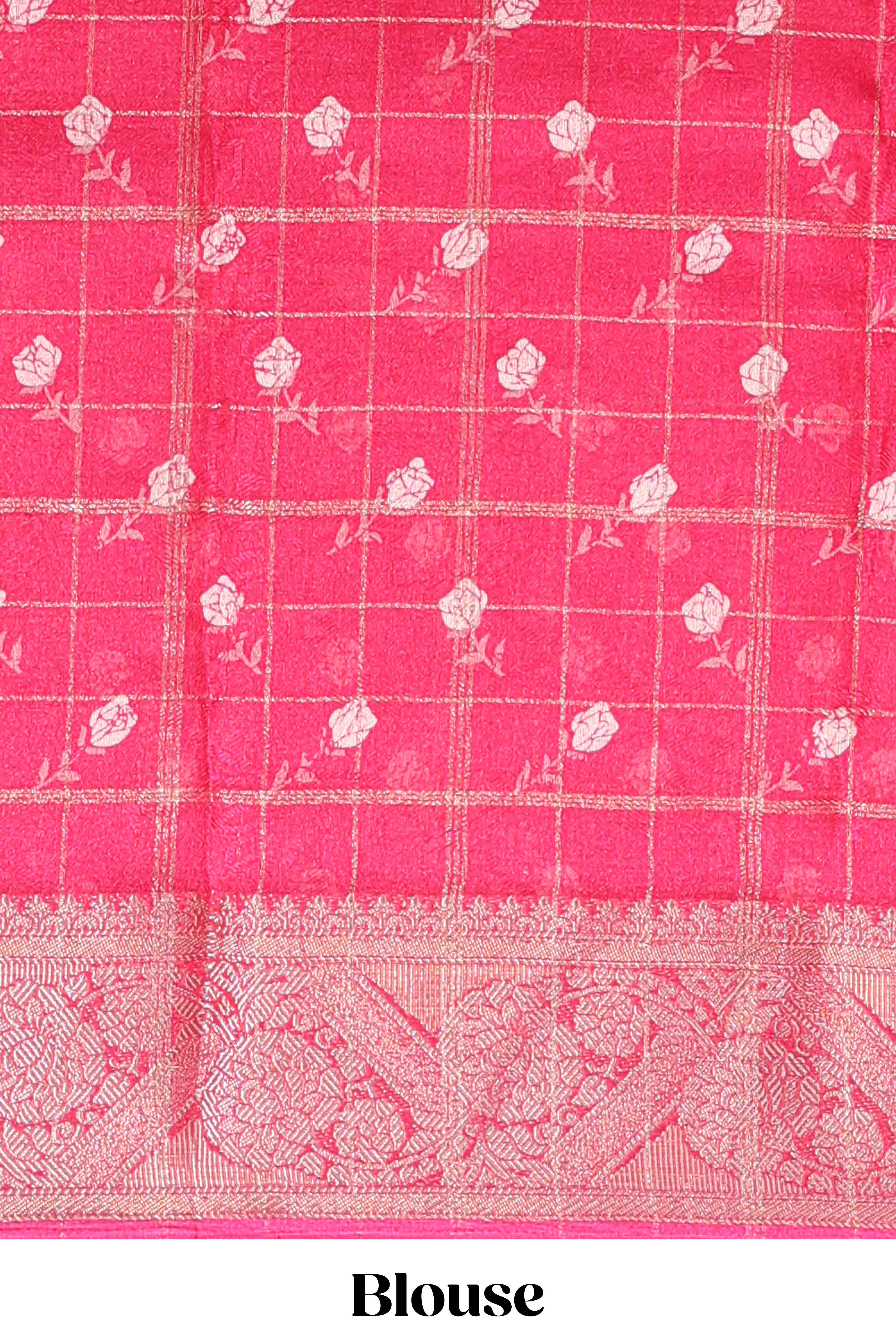 Pink checked floral design marsh mellow saree with self zari border and matching blouse