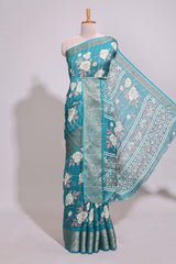 Teal green checked floral design marsh mellow saree with self zari border and matching blouse