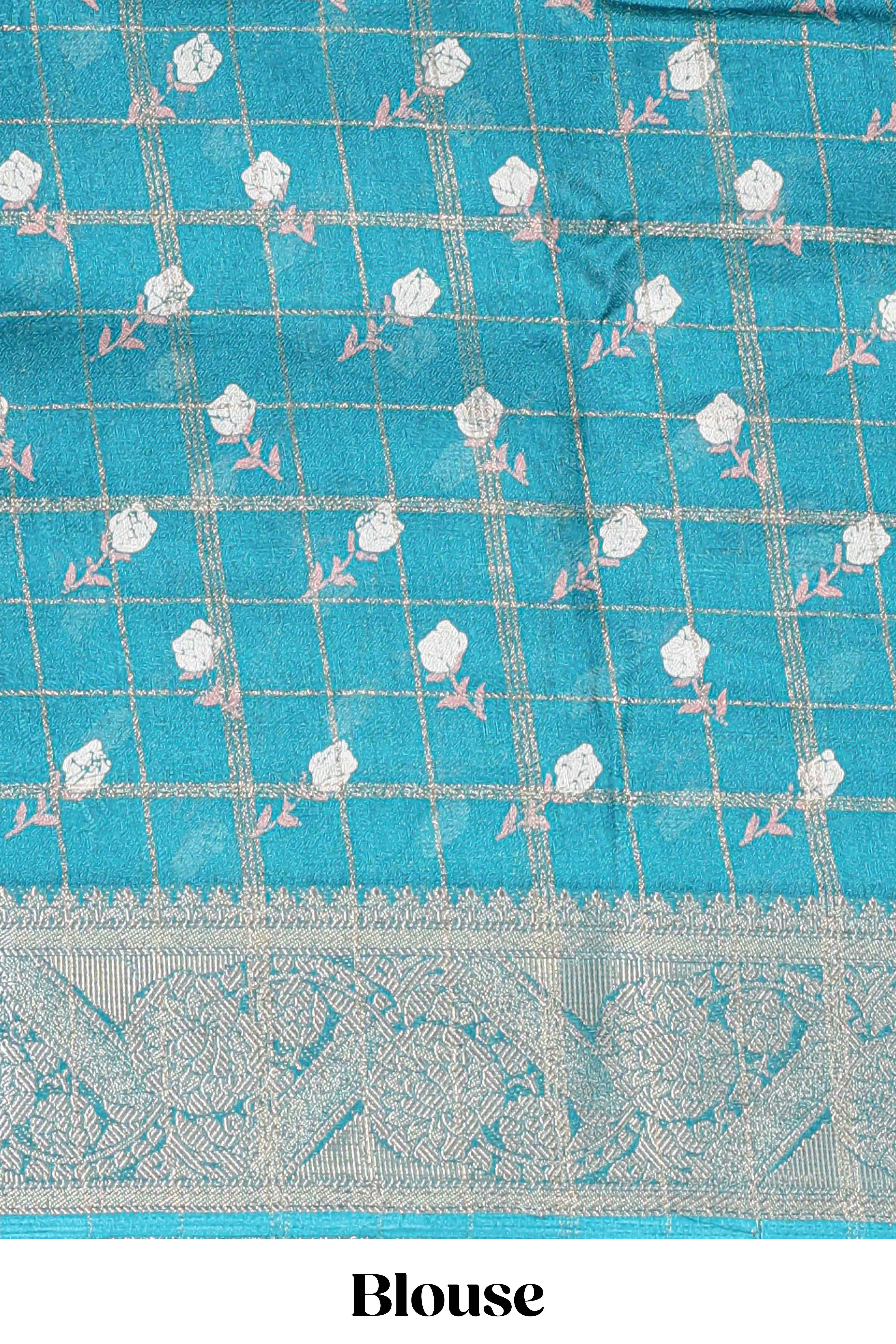 Teal green checked floral design marsh mellow saree with self zari border and matching blouse