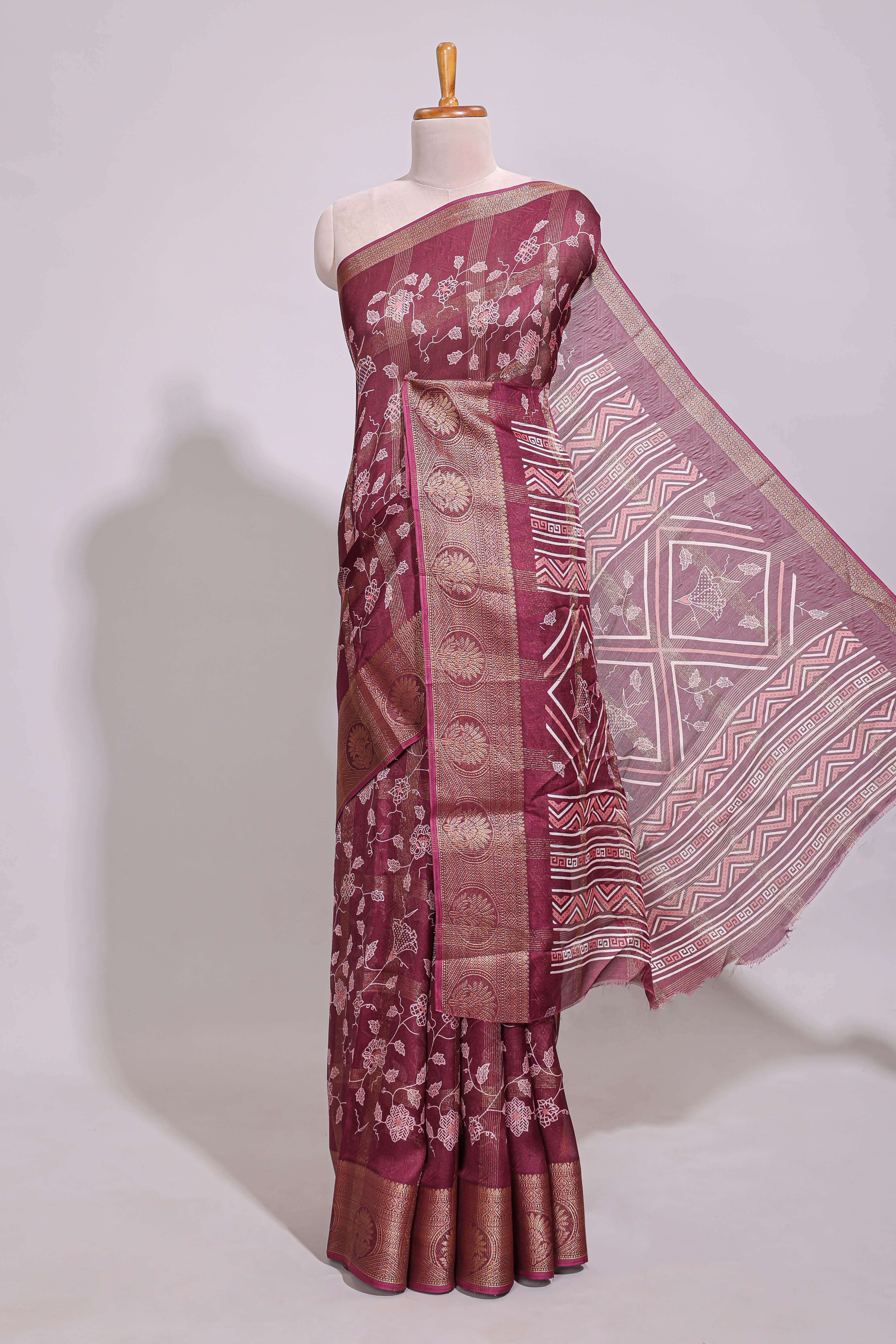 Maroon checked floral design marsh mellow saree with self zari border and matching zari blouse