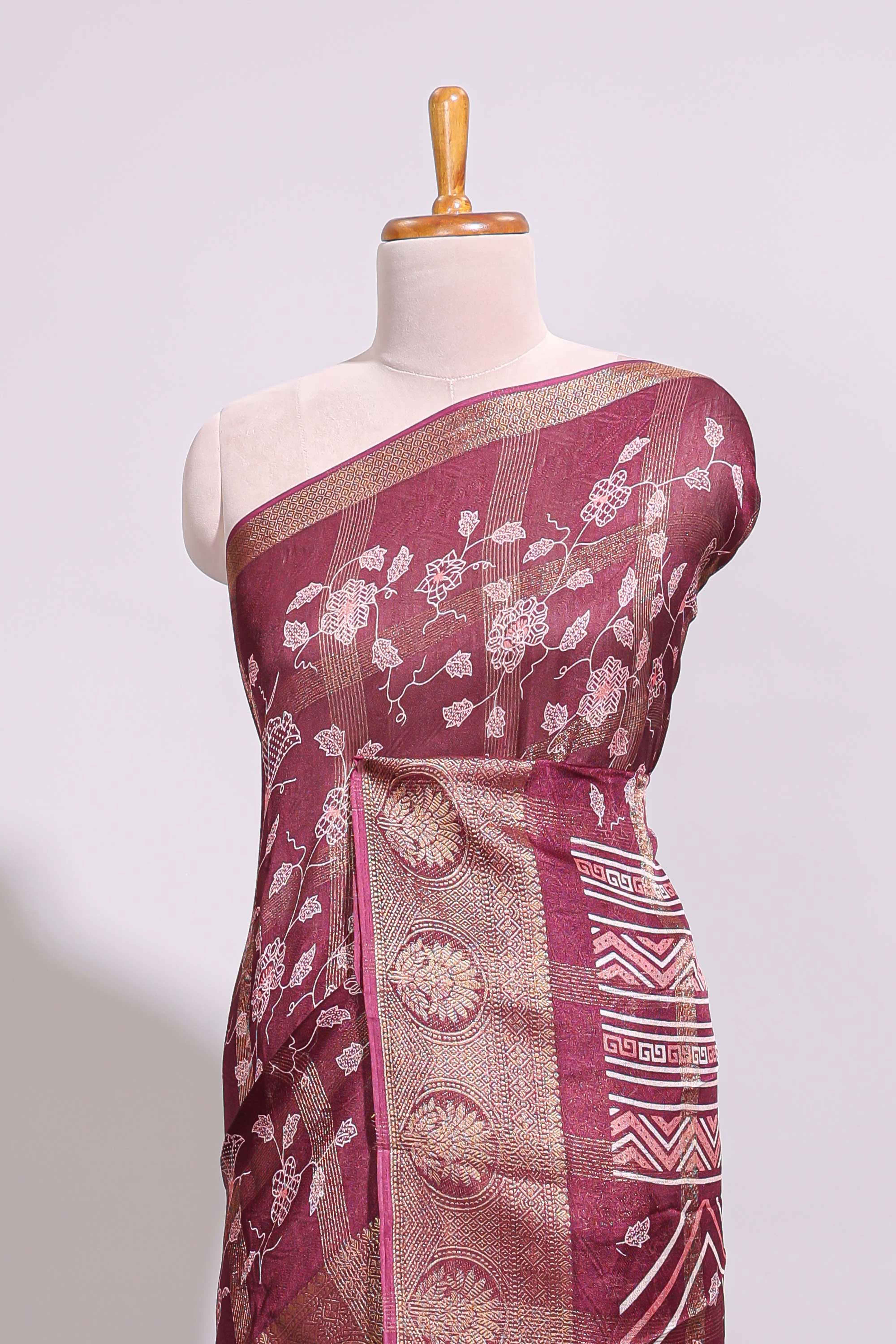 Maroon checked floral design marsh mellow saree with self zari border and matching zari blouse