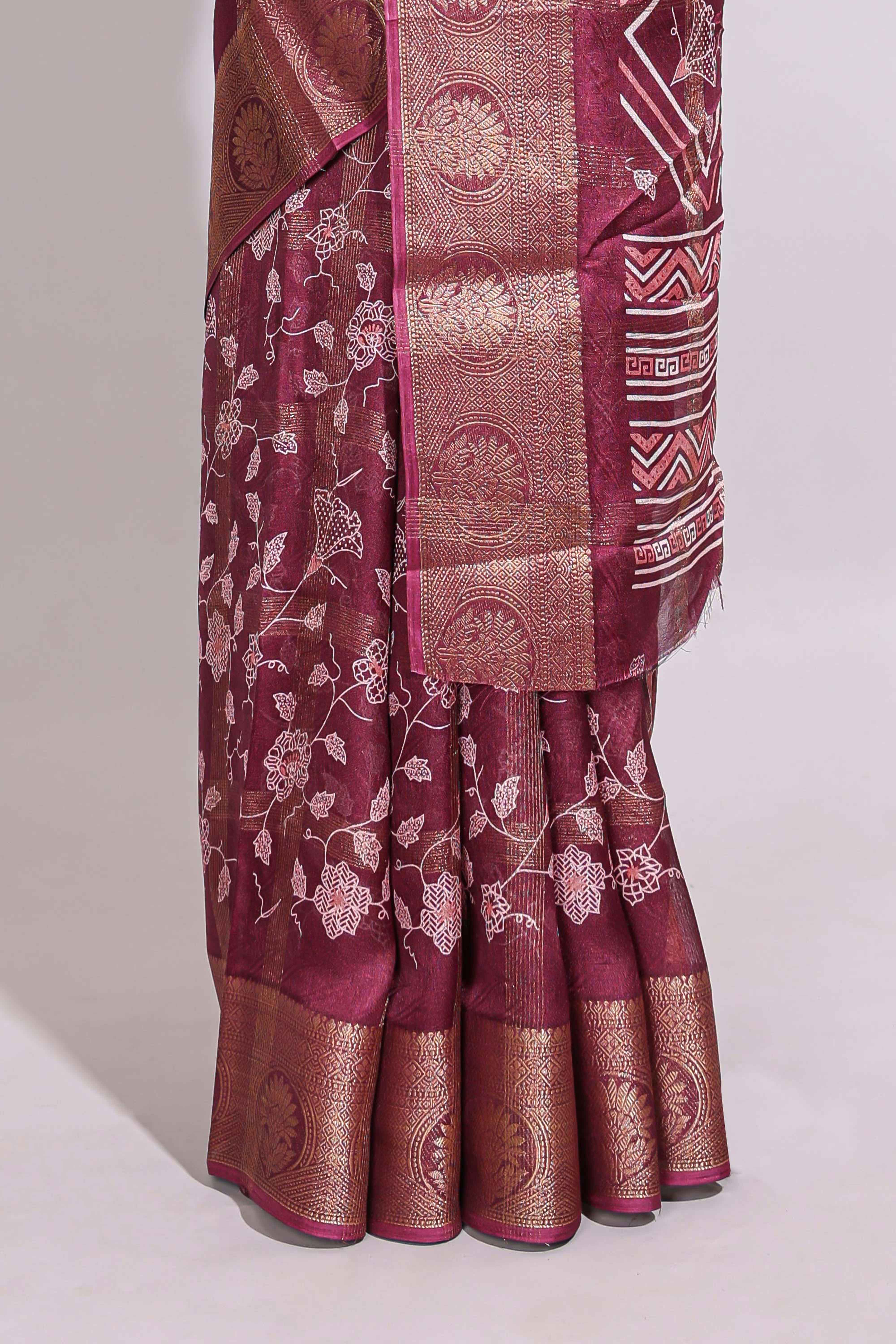 Maroon checked floral design marsh mellow saree with self zari border and matching zari blouse