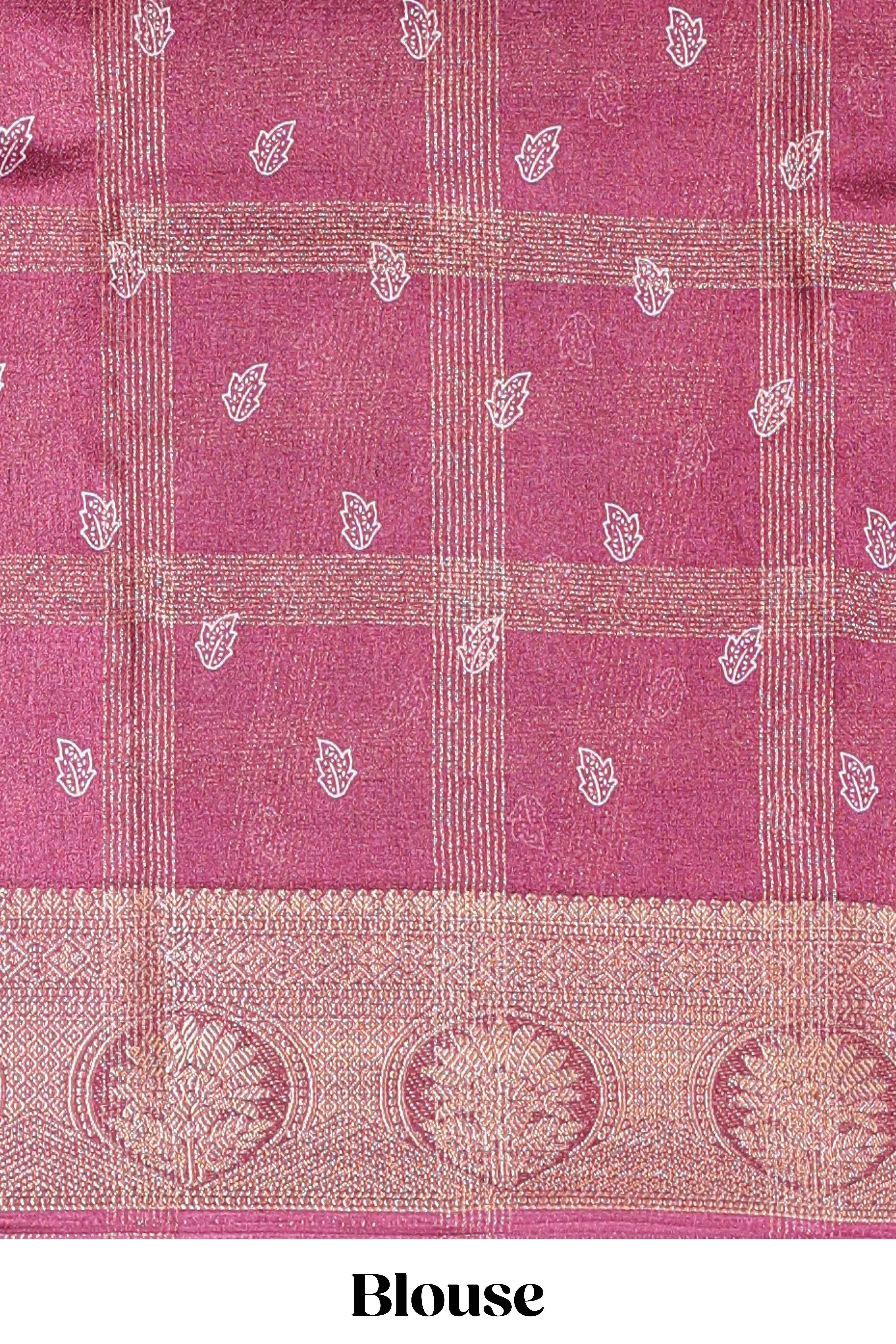 Maroon checked floral design marsh mellow saree with self zari border and matching zari blouse