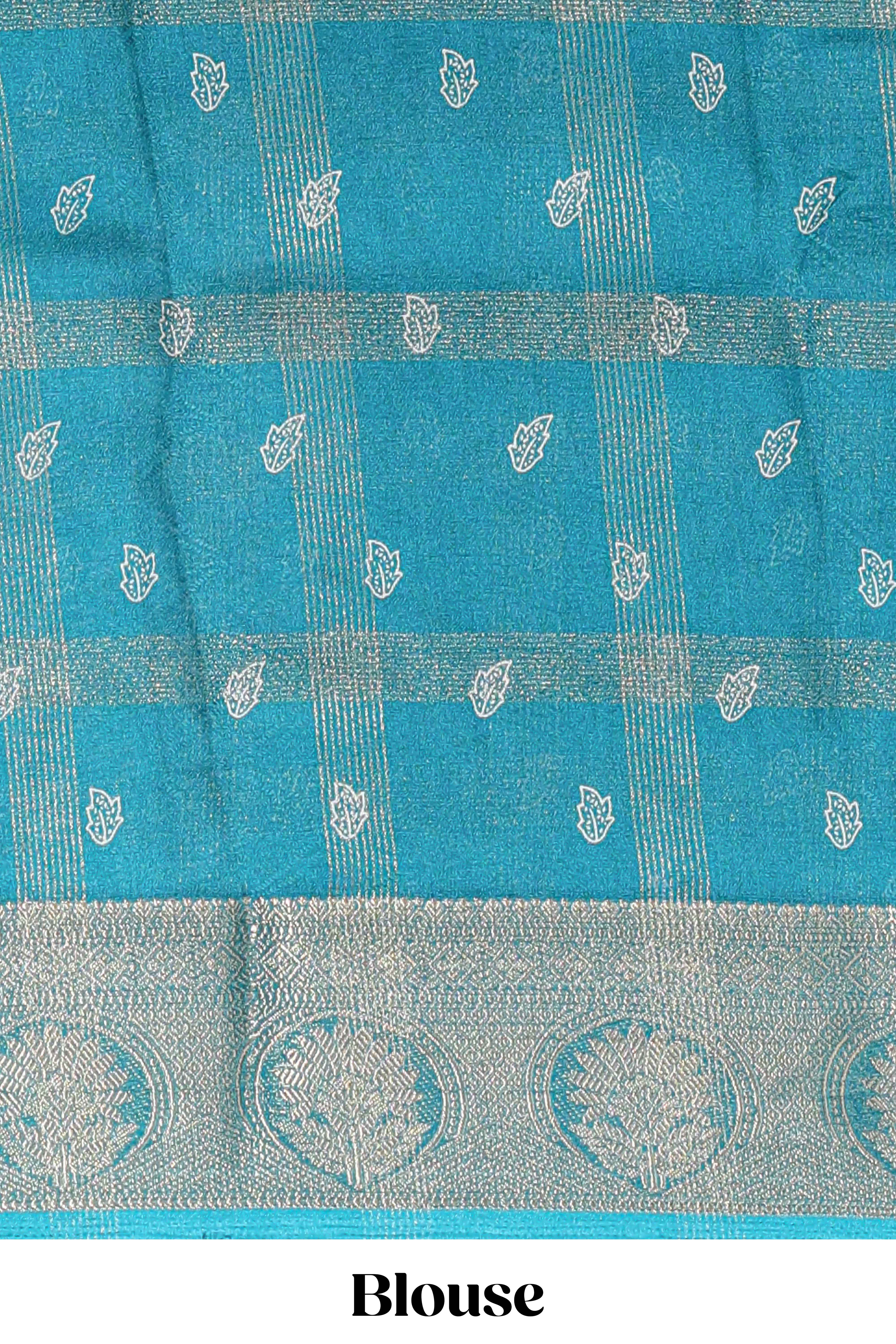 Teal green checked floral design marsh mellow saree with self zari border and matching zari blouse