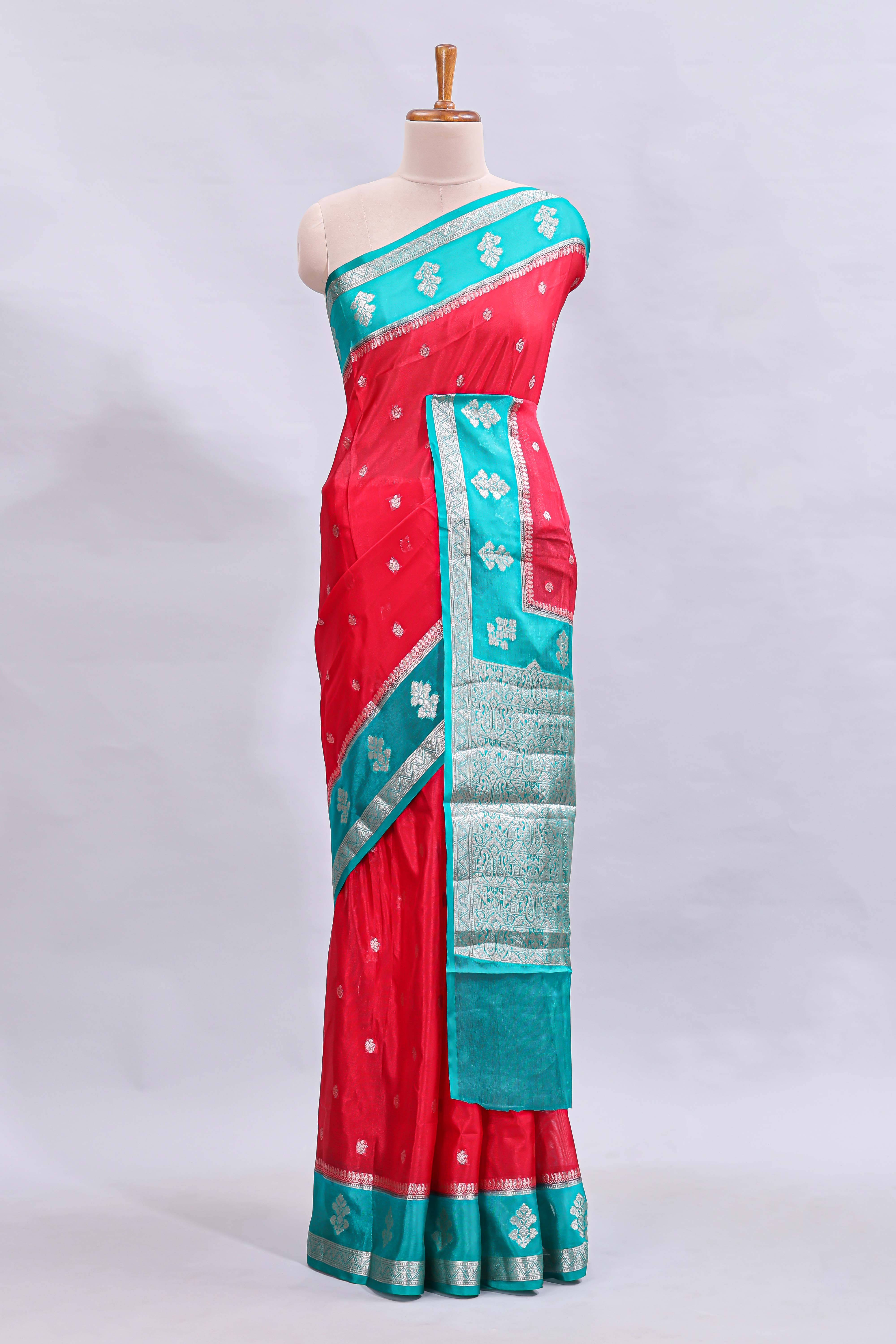 Red zari motifs design mushru silk saree with contrast border and zari blouse