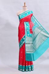 Red zari motifs design mushru silk saree with contrast border and zari blouse