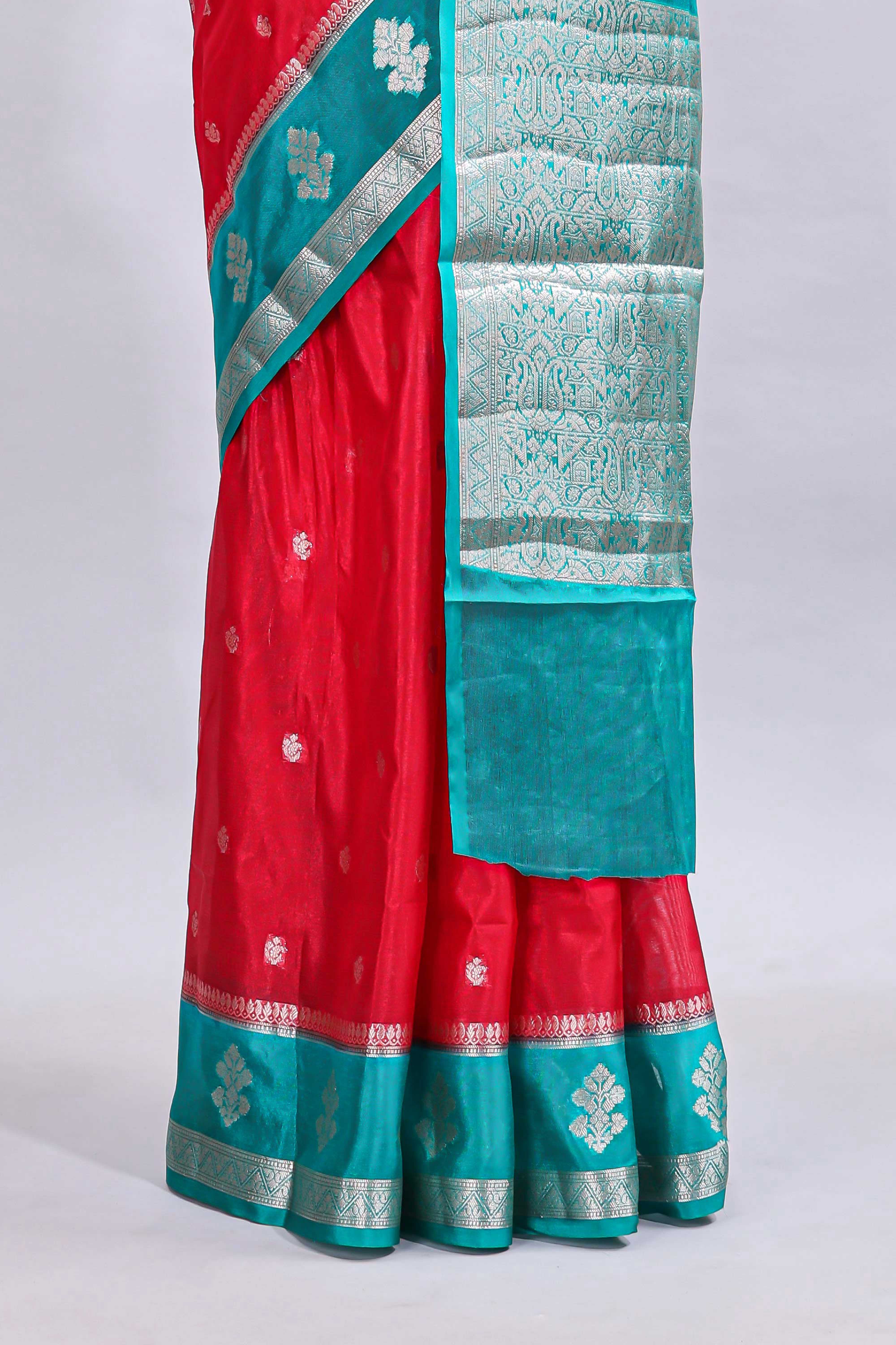 Red zari motifs design mushru silk saree with contrast border and zari blouse