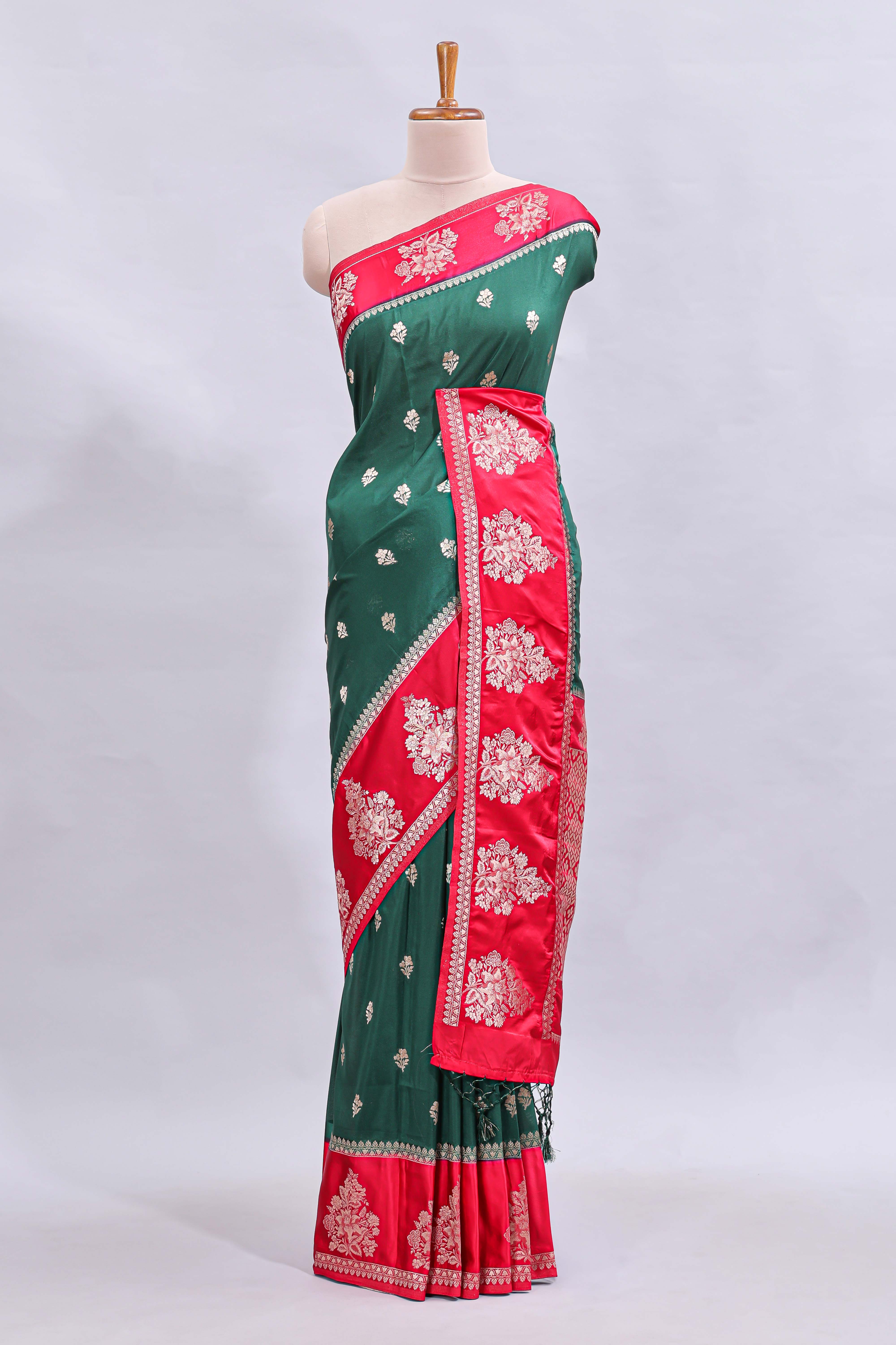 Green floral design motifs mushru silk saree with contrast border and blouse