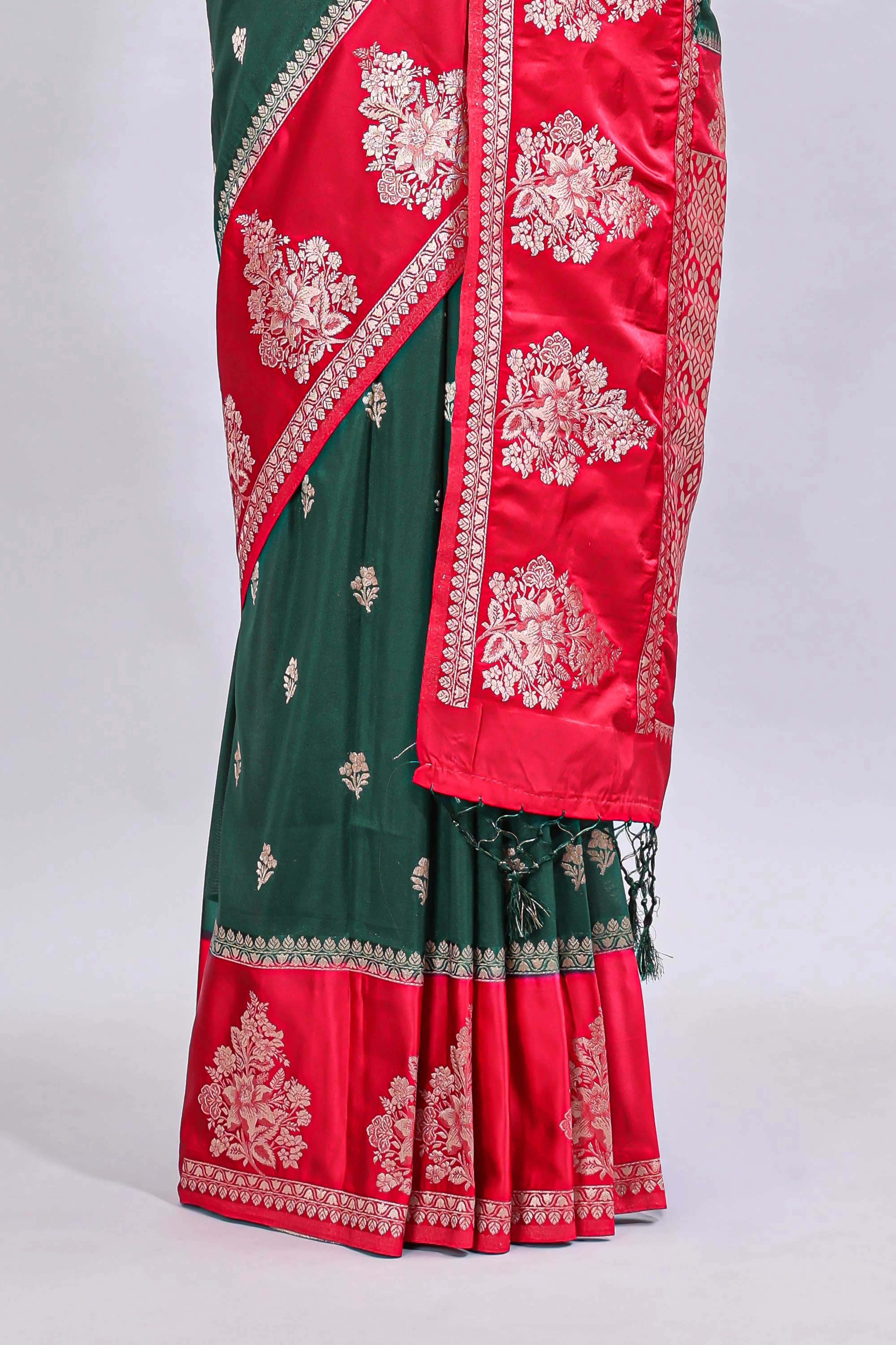 Green floral design motifs mushru silk saree with contrast border and blouse