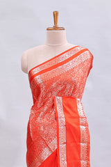Orange jaal floral design mushru silk saree with self border and matching blouse