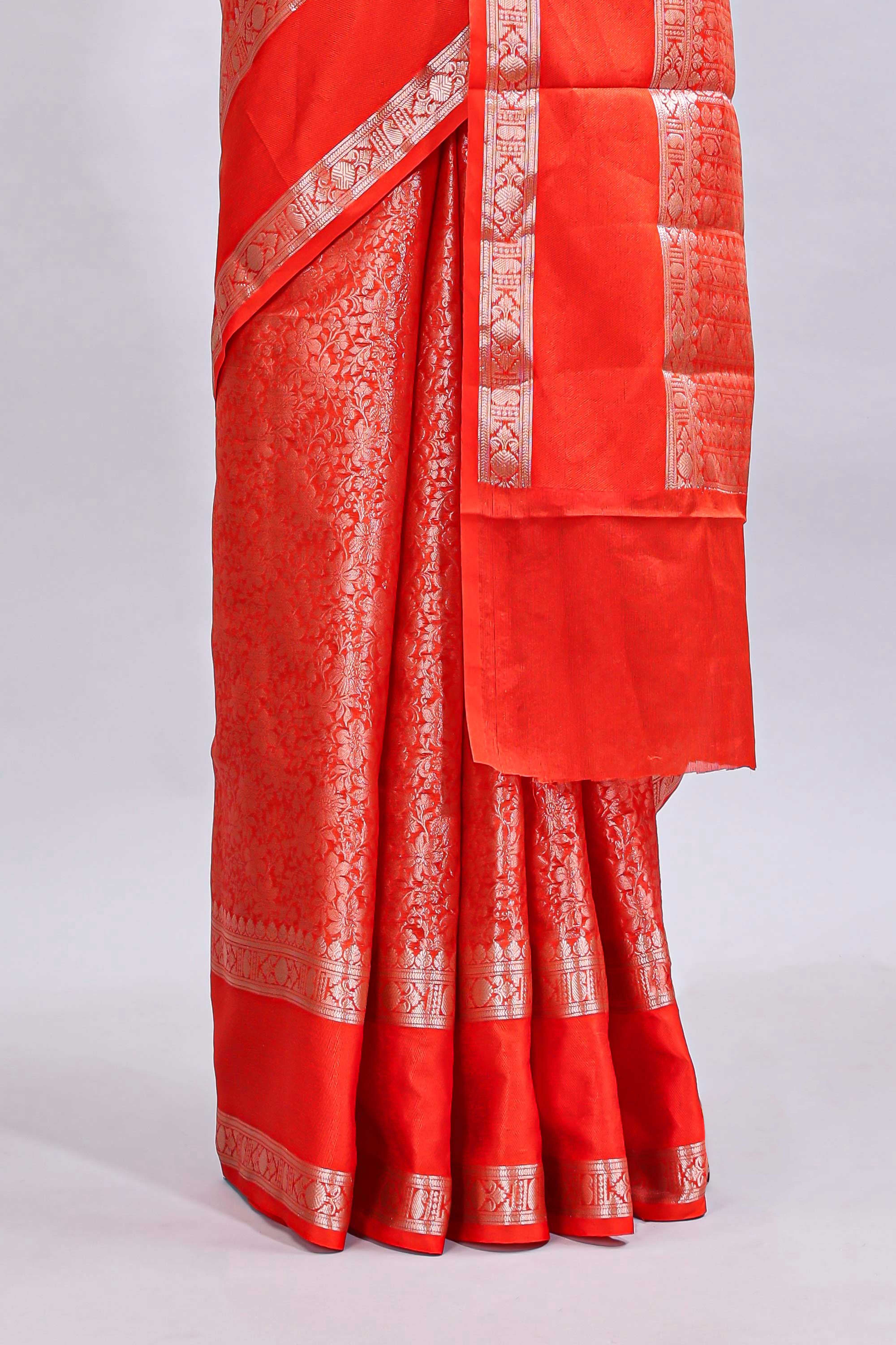 Orange jaal floral design mushru silk saree with self border and matching blouse