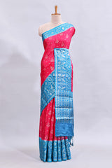 Pink floral design mushru silk saree with contrast border and zari blouse