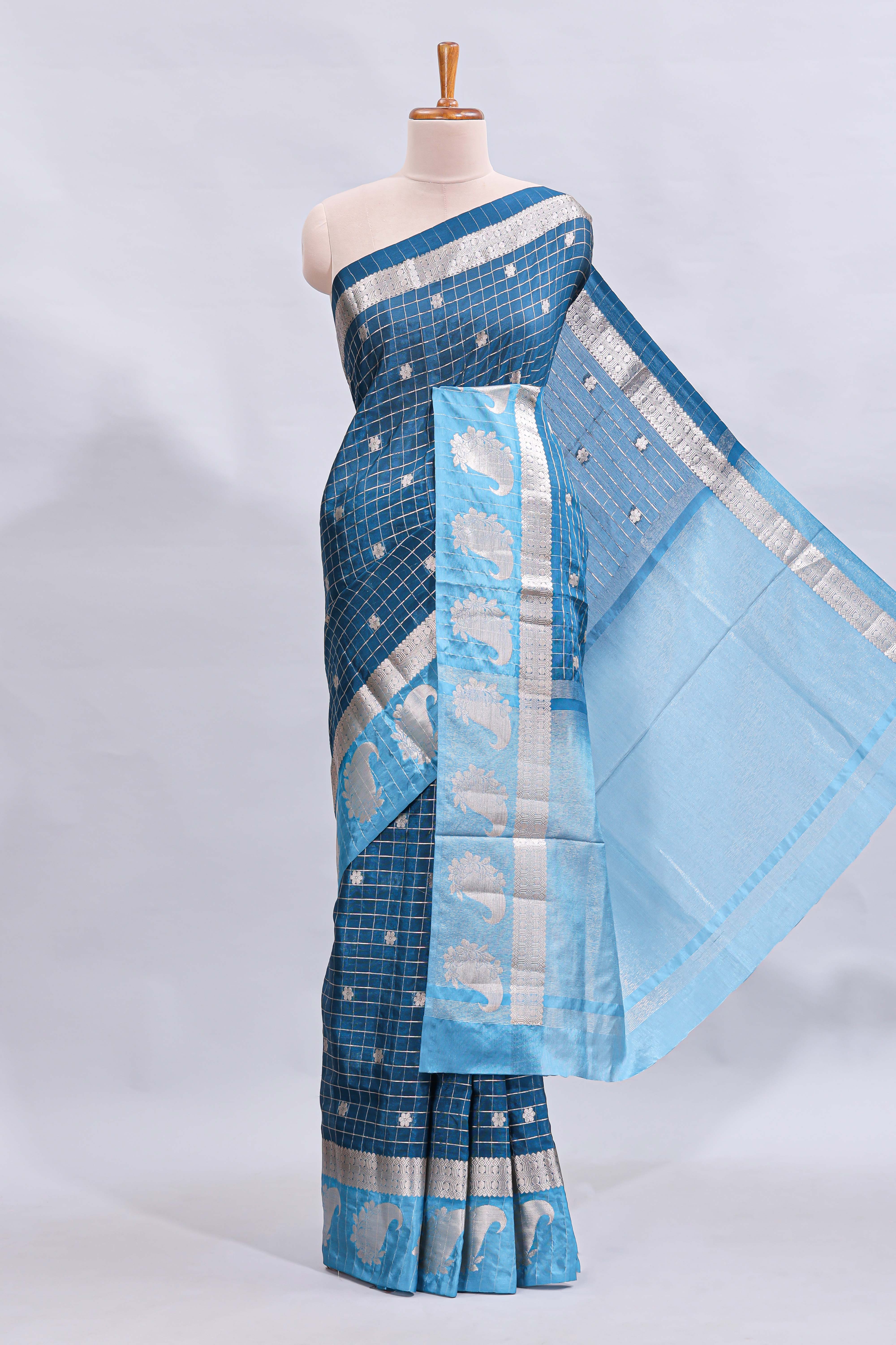 Blue checked floral motifs design mushru silk saree with contrast border and blouse