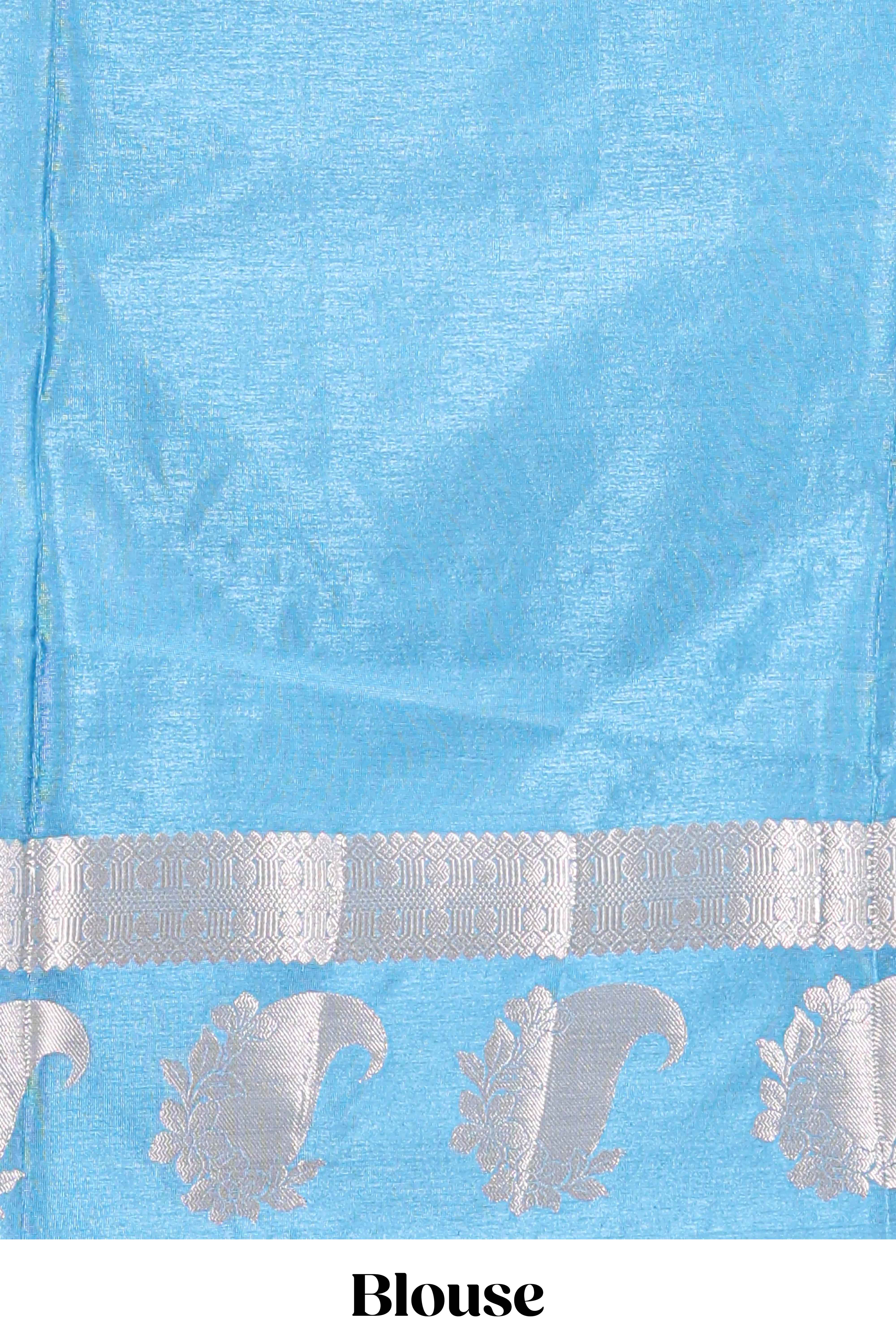Blue checked floral motifs design mushru silk saree with contrast border and blouse