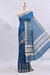 Steel blue zari motifs design mushru silk saree with salf zari border and contrast blouse