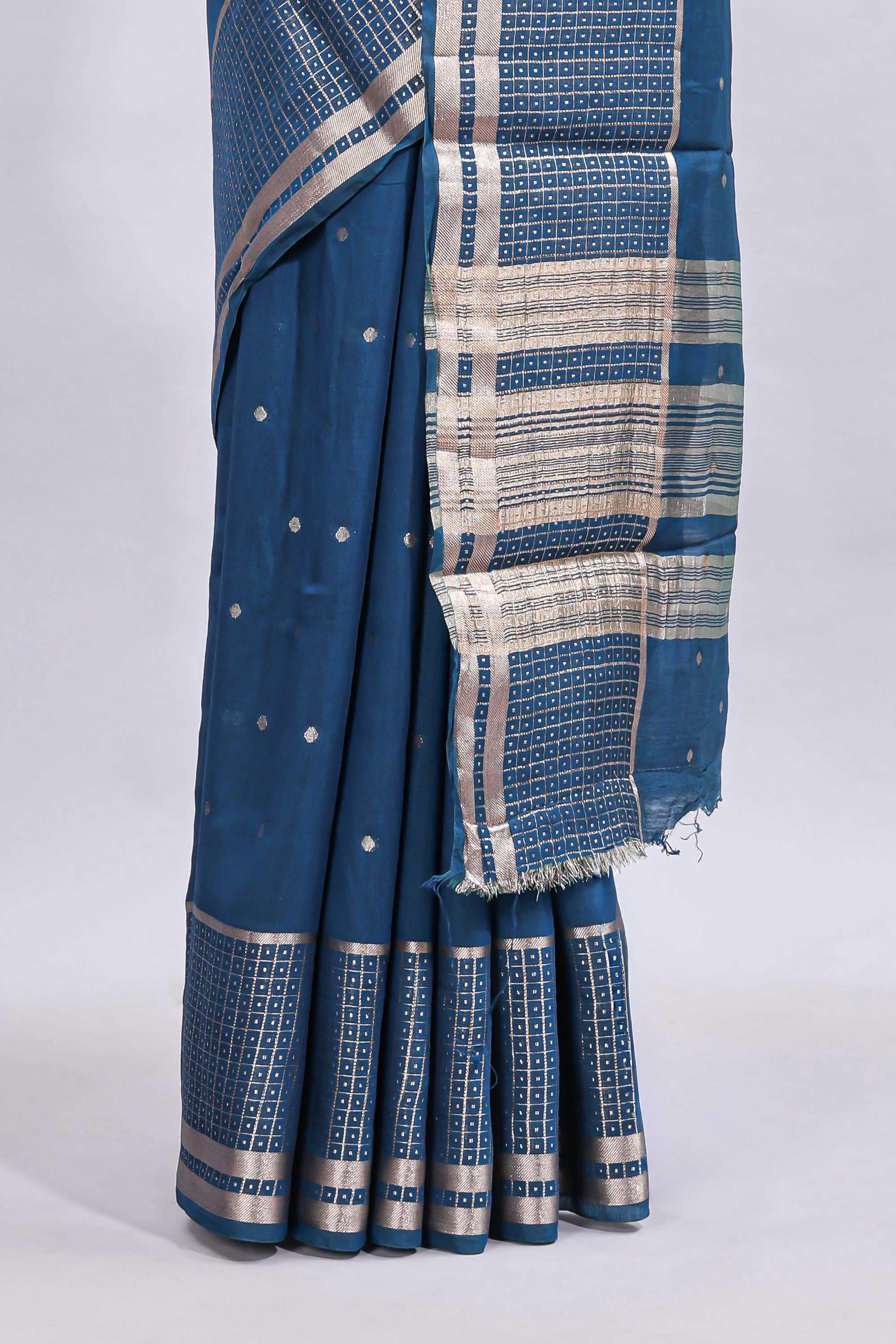 Steel blue zari motifs design mushru silk saree with salf zari border and contrast blouse