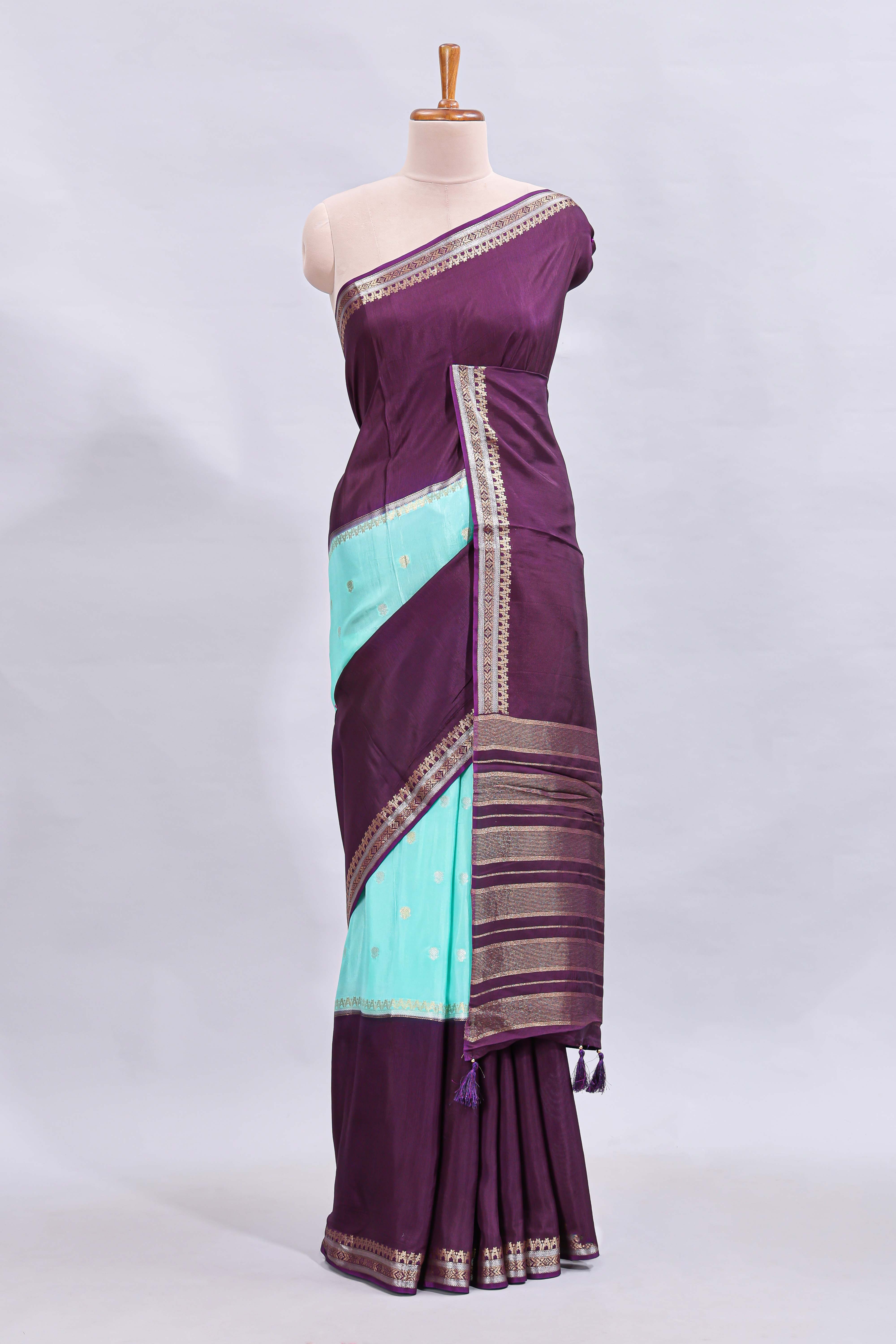 Turquoise blue zari motifs design mushru silk saree with contrast temple design border and zari blouse