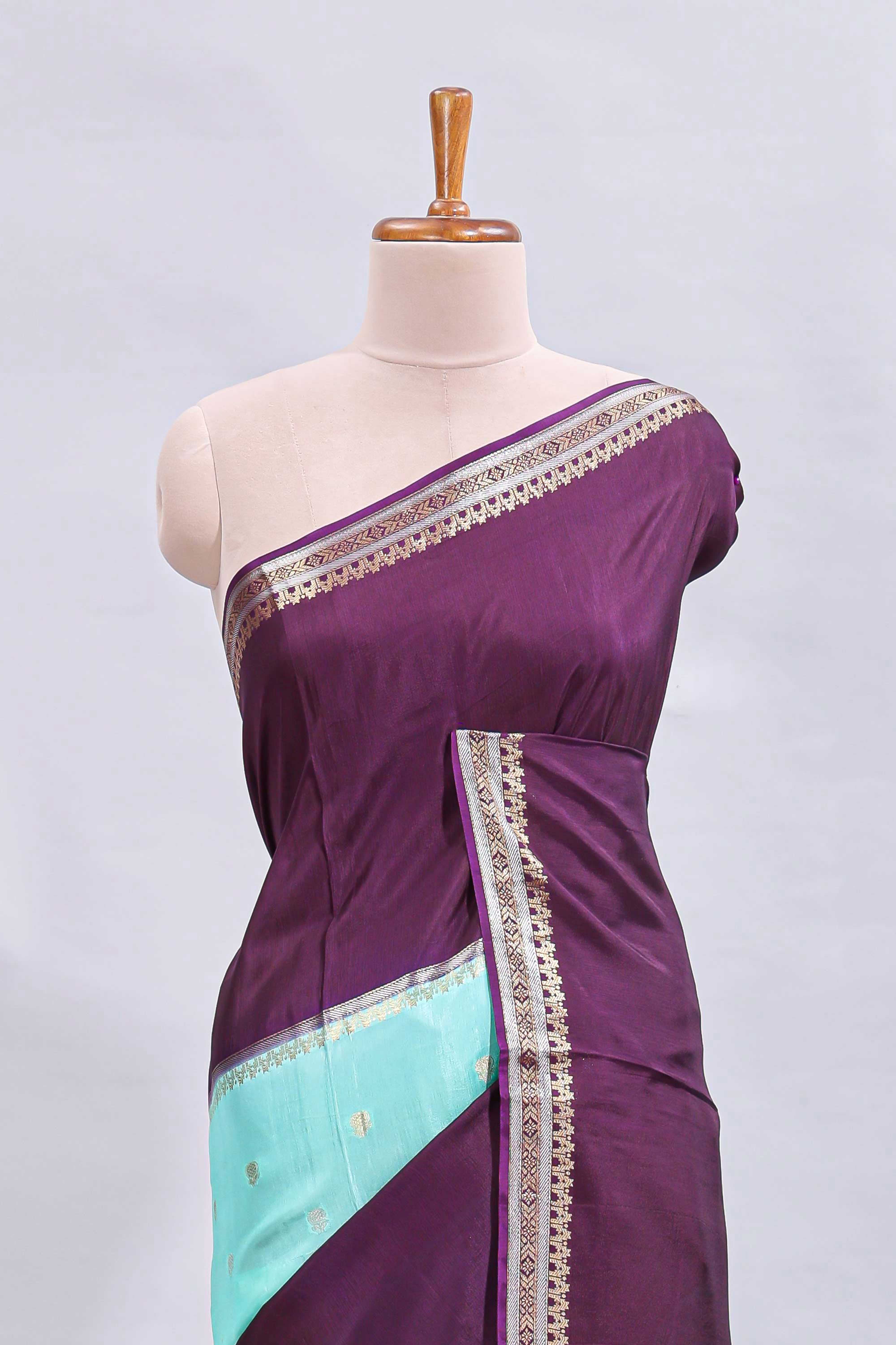 Turquoise blue zari motifs design mushru silk saree with contrast temple design border and zari blouse