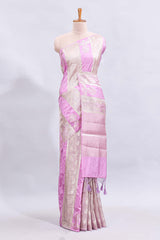 Borderless pastel lavender striped animal zari motifs design mushru silk saree with self pallu and matching blouse