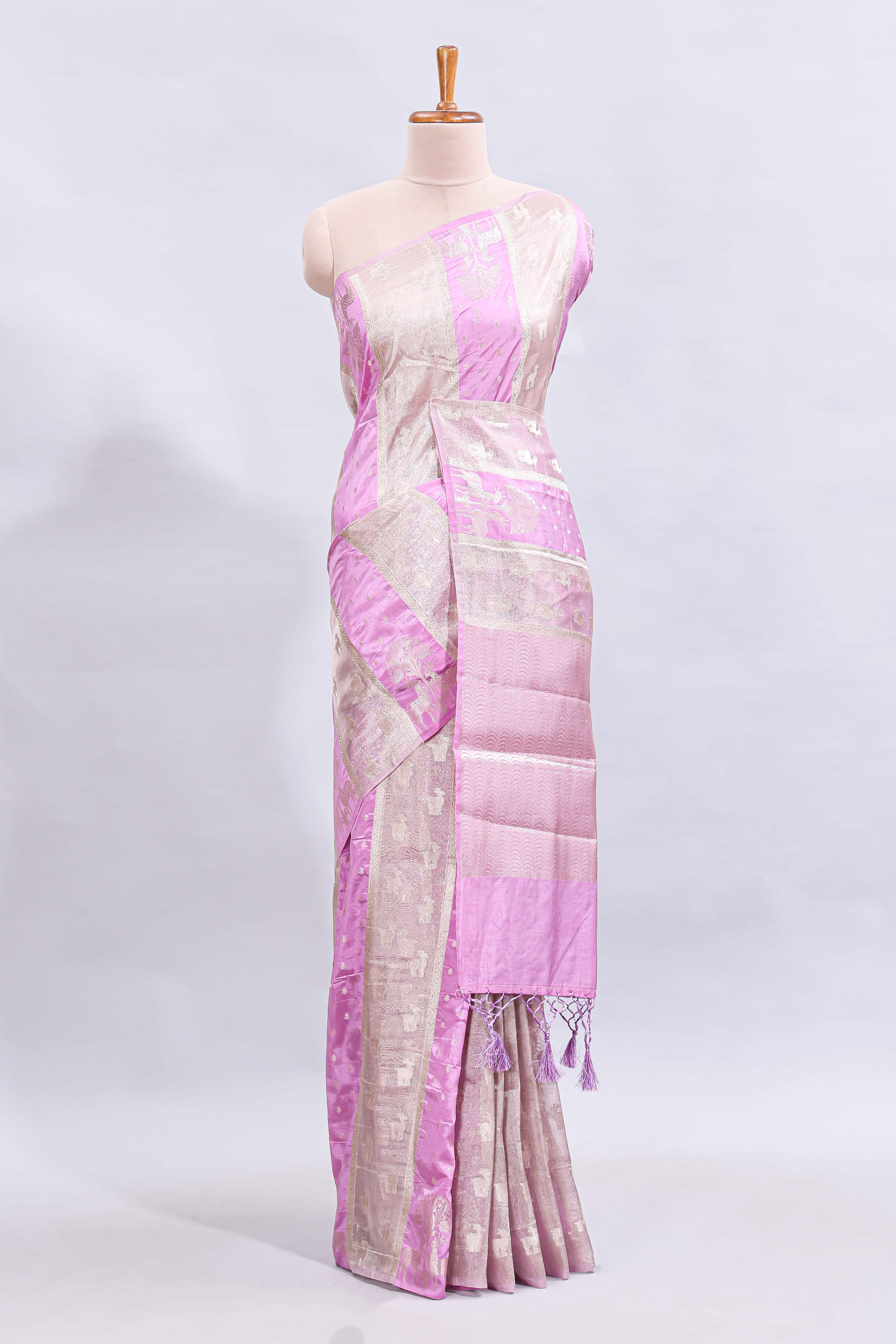 Borderless pastel lavender striped animal zari motifs design mushru silk saree with self pallu and matching blouse